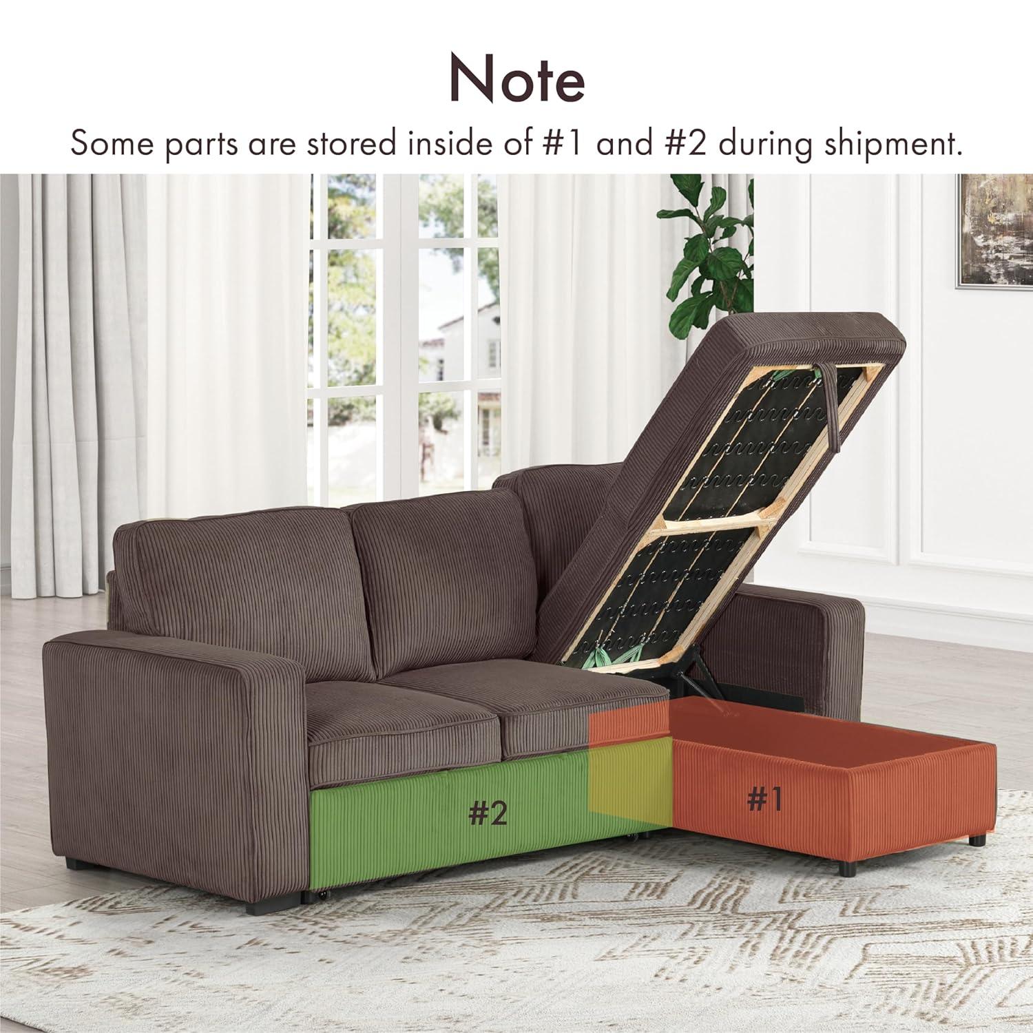 HOMES: Inside + Out Paeke Sleeper Sectional Sofa Corduroy with Storage Chaise and Reversible Brown