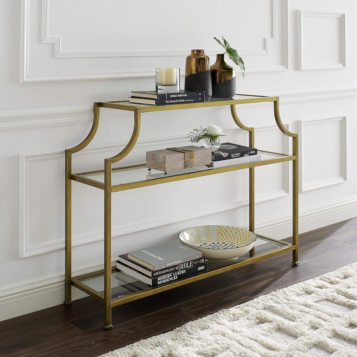 Aimee Console Table - Crosley: Elegant Steel Frame, Clear Glass Top, Fixed Shelf, Entryway Furniture