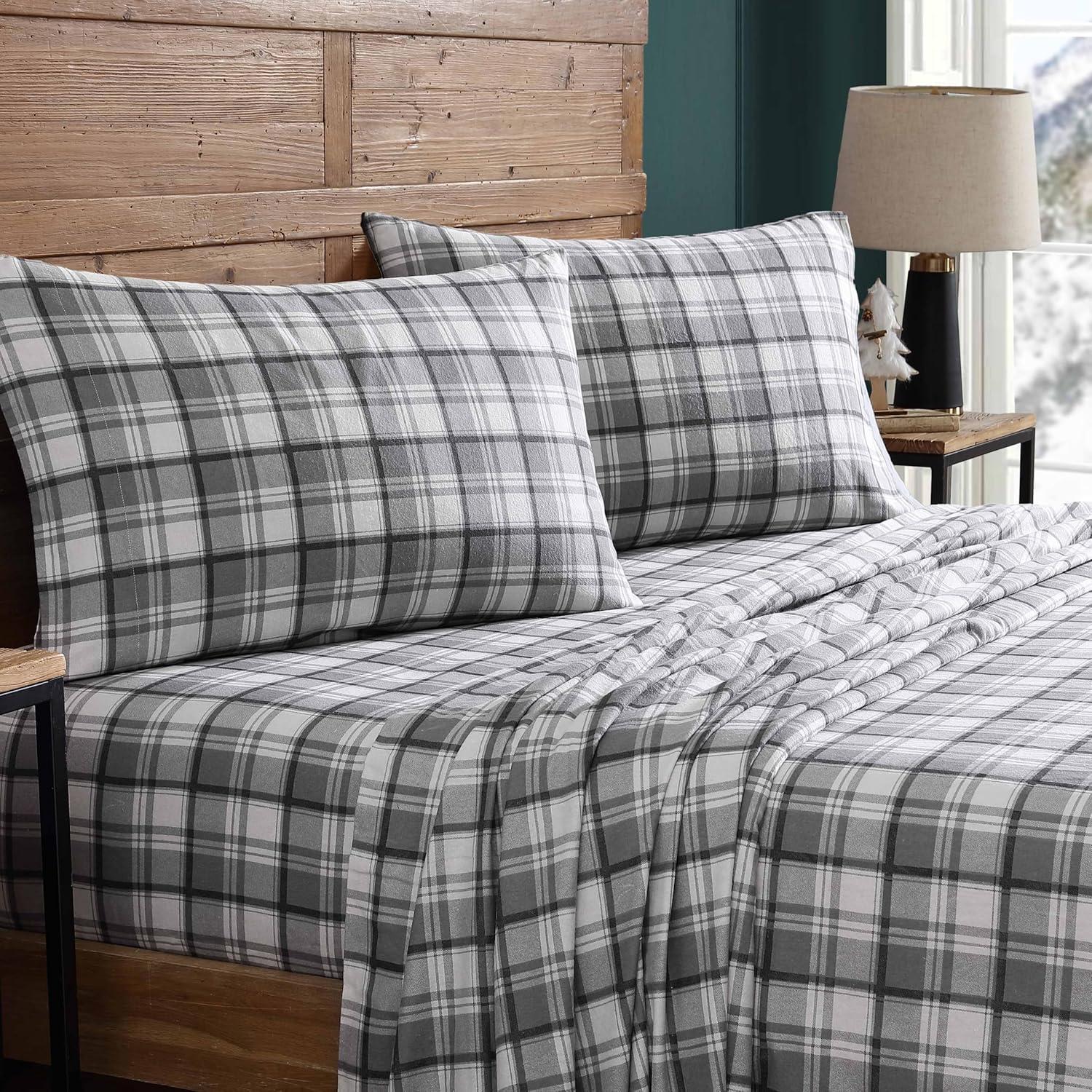 Winter Nights Cotton Flannel Bed Sheet Set, Full, Gray Plaid