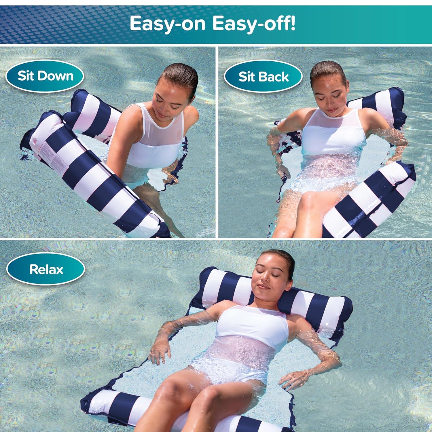 Aqua-Leisure 4 in 1 Inflatable Monterey Hammock Pool Float Chair, Navy Striped