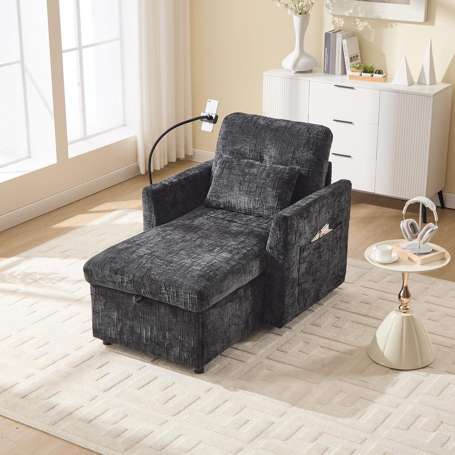 32 Inch Chaise Lounge Accent Chair with Storage, Comfy Chenille Upholstered Sleeper Chair Bed Modern Deep Seat Leisure Recliner Lounger Daybed w/Phone Holder and Side Pockets for Living Room Office