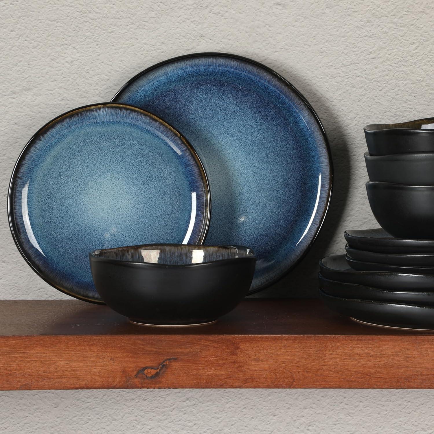 Blue and Black Ceramic 12-Piece Dinnerware Set, Service for 4