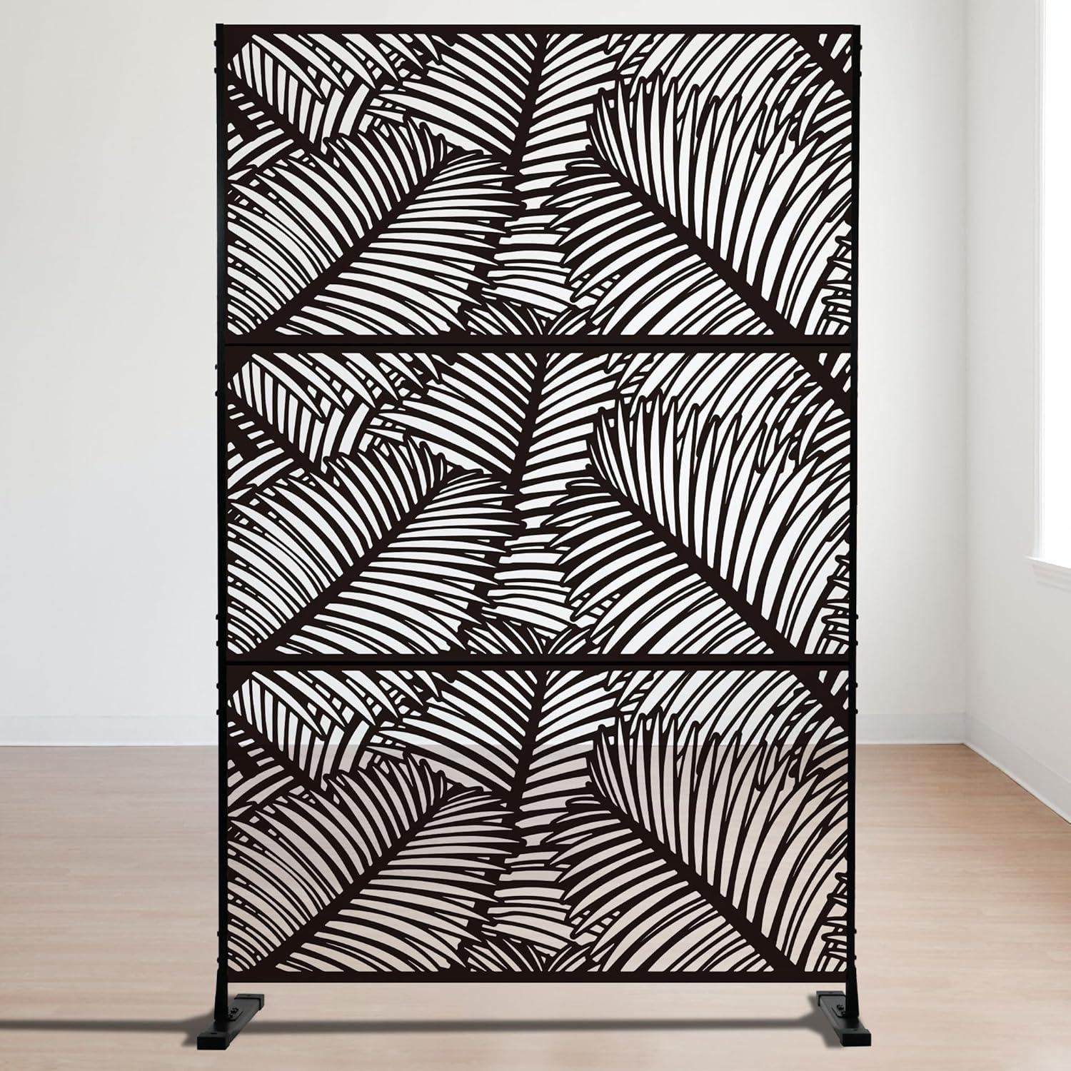 Kozyard Kozyard Metal Privacy Screen Decorative Outdoor Divider With Stand Panels (Black Palm Leaf)