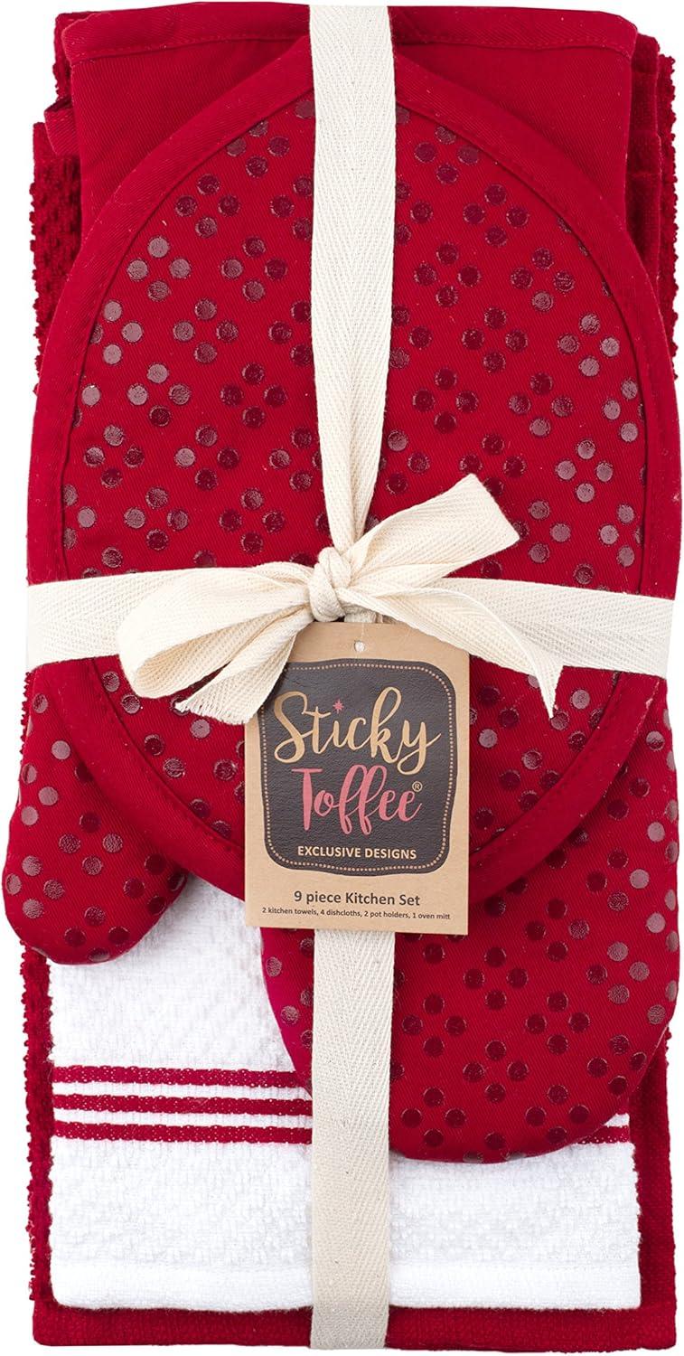 Sticky Toffee Kitchen Towels Dishcloths Oven Mitts and Pot Holders Set of 9, 100% Cotton Terry, Non-Slip Silicone, Red