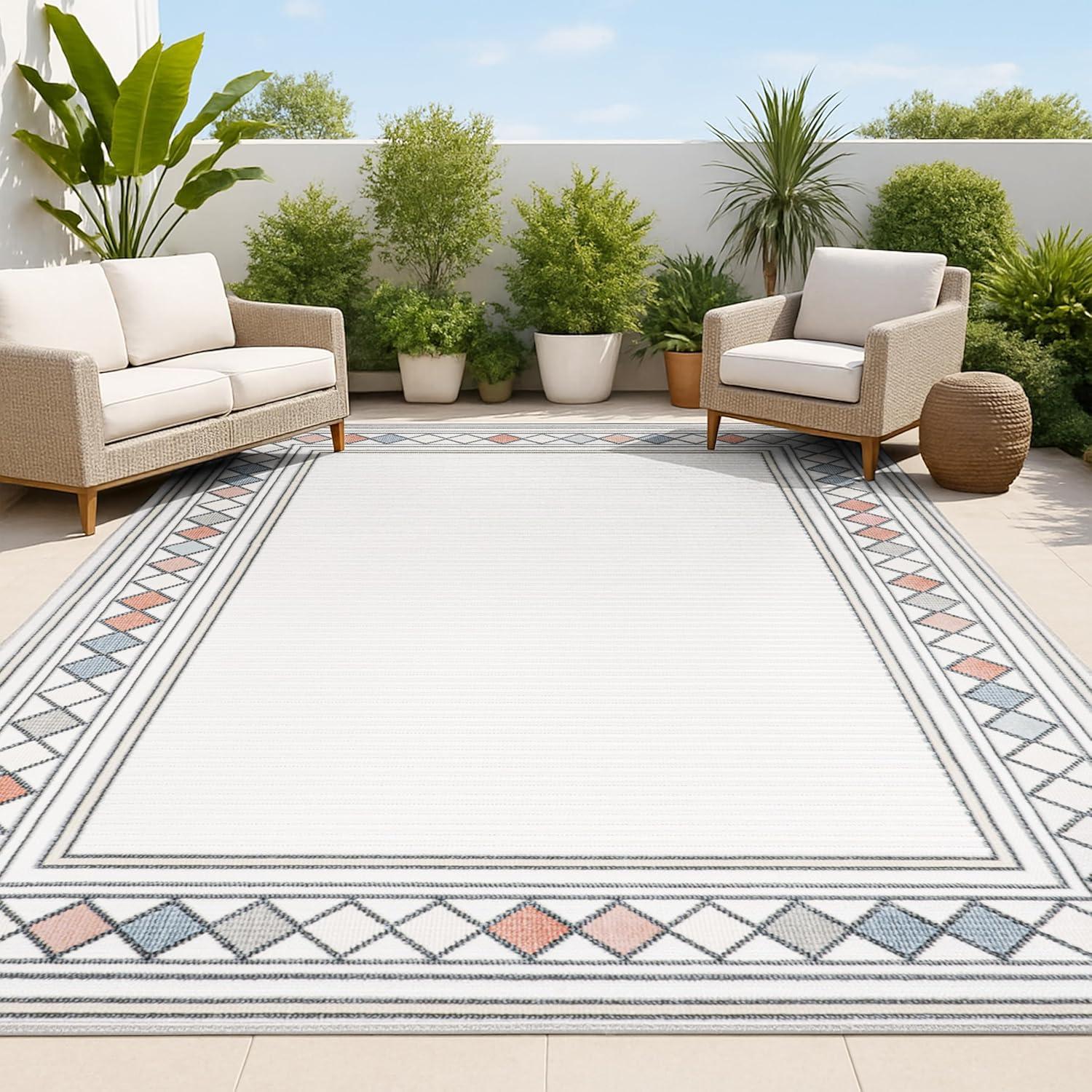 JONATHAN Y Sebastian High-Low Modern Diamond Border Ivory/Beige 3 ft. x 5 ft. Indoor/Outdoor Area Rug
