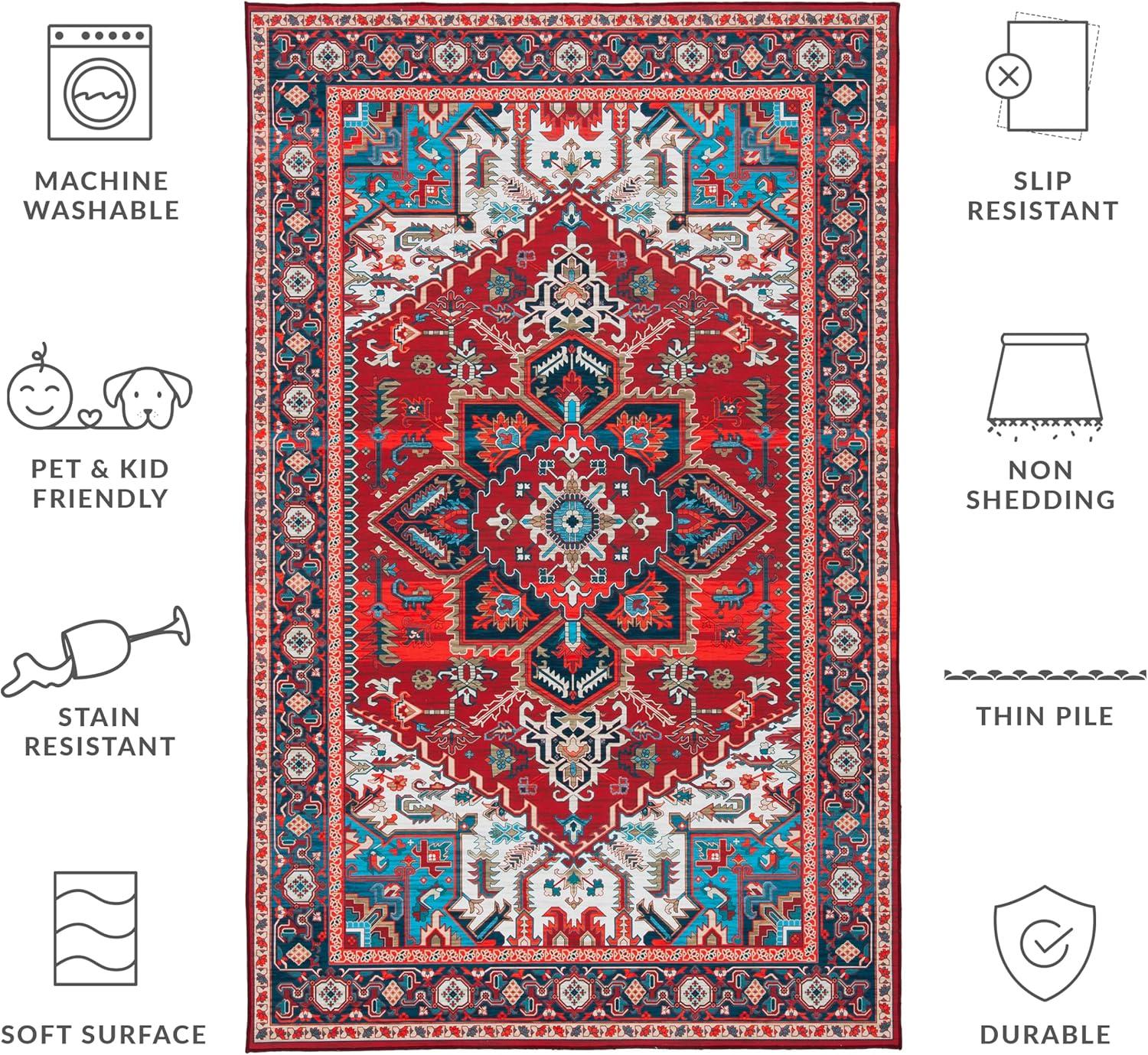 SAFAVIEH Tucson Medici Traditional Machine Washable Area Rug, 6'6" x 9', Red/Blue