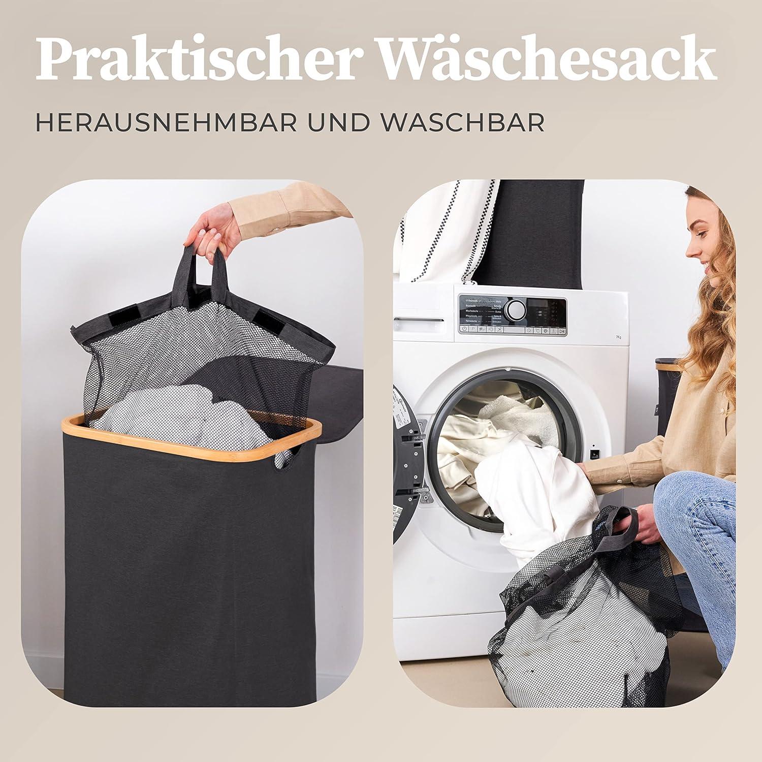 Hennez® Double Laundry Hamper with Lid, 2x Removable Bags, Thic Fabric, Bamboo Hamper 140Liter - 36gal - Light Gray