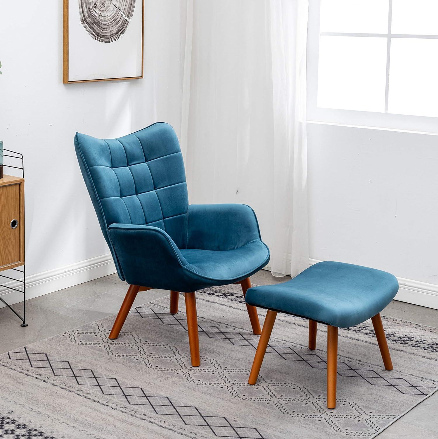 Carson Carrington  Aasen Silky Velvet Tufted Accent Chair with Ottoman Round Arms Arm Chairs Blue Rubberwood, Fabric