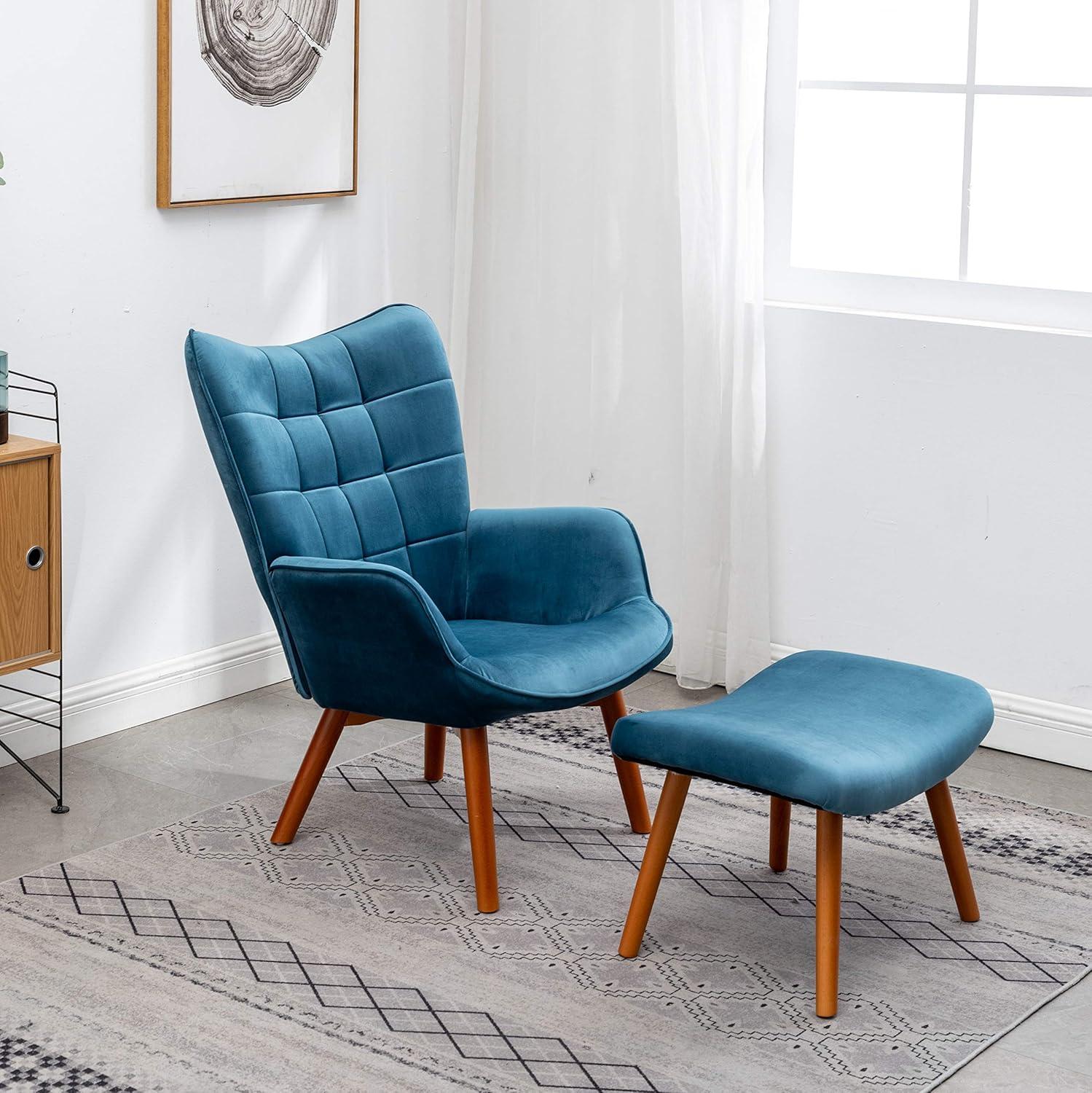 Roundhill Furniture Leiria Contemporary Silky Velvet Tufted Accent Chair with Ottoman, Blue