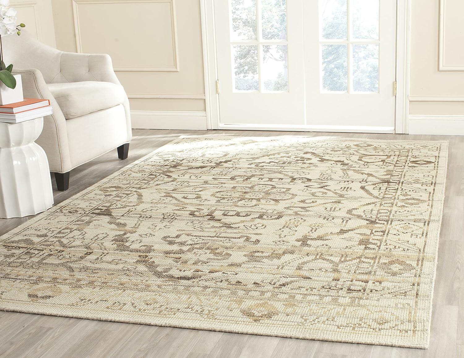 Elegant Hand-Knotted Natural Wool 9' x 12' Rectangular Area Rug