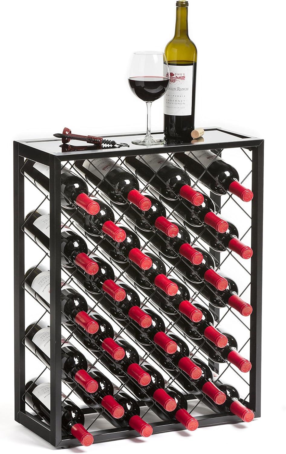 Mango Steam 32 Bottle Wine Rack with Black Glass Top Shelf, Free Standing for Home, Kitchen and Bar