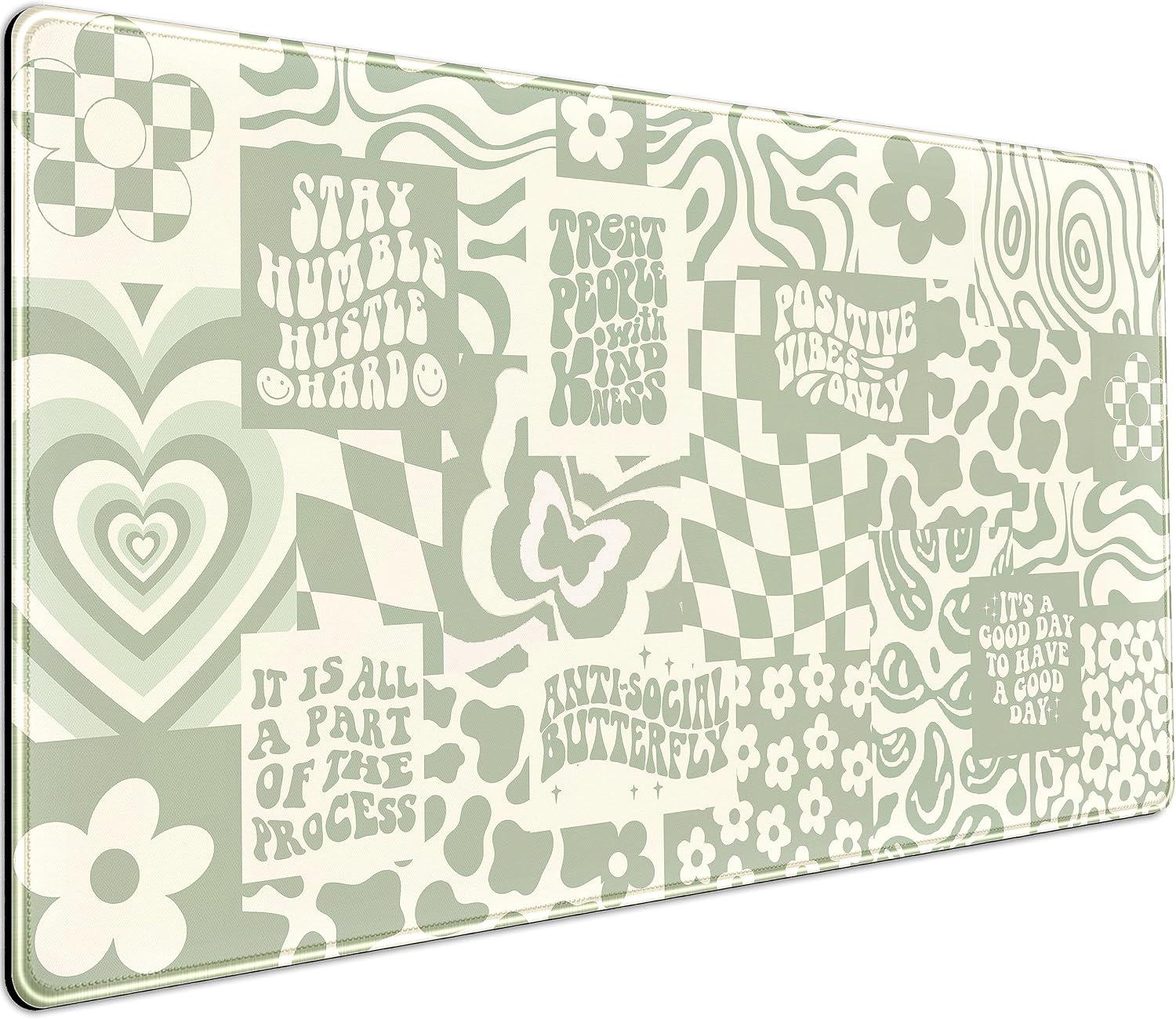 Boho Sage Green XXL Gaming Desk Mat with Non-Slip Base