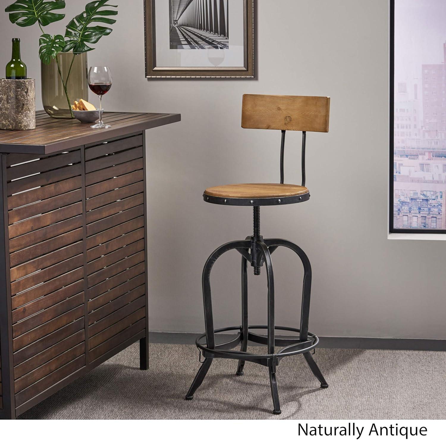 Hartley Naturally Antique Fir Wood Adjustable Barstool With Backrest