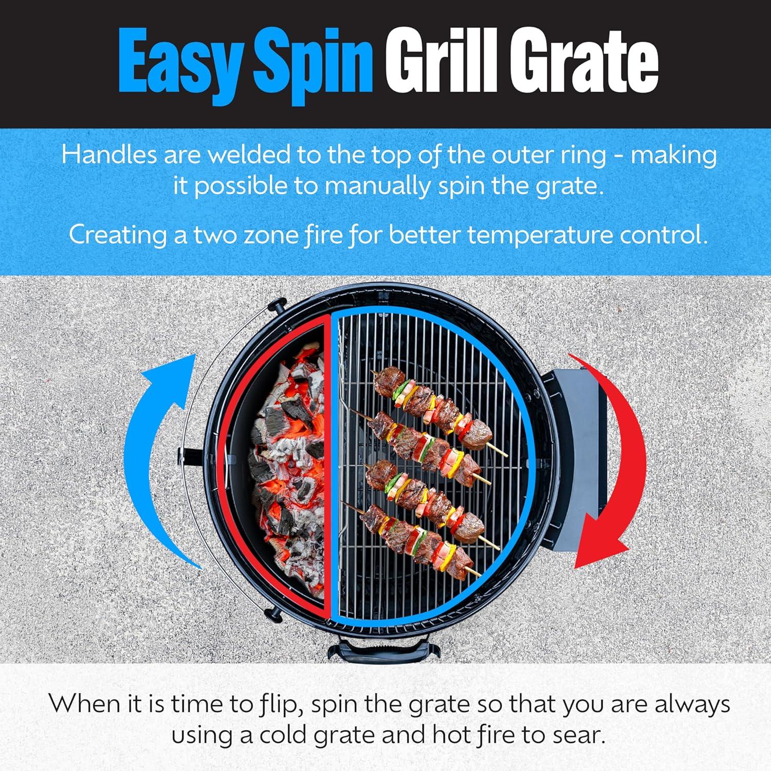 SnS Grills EasySpin Charcoal Grill Cooking Grate, 304 Stainless Steel, Large Hinged Opening, Perfect for 2-Zone Cooking, Replacement Grate Compatible with Weber & Other Grills - 18” Inches