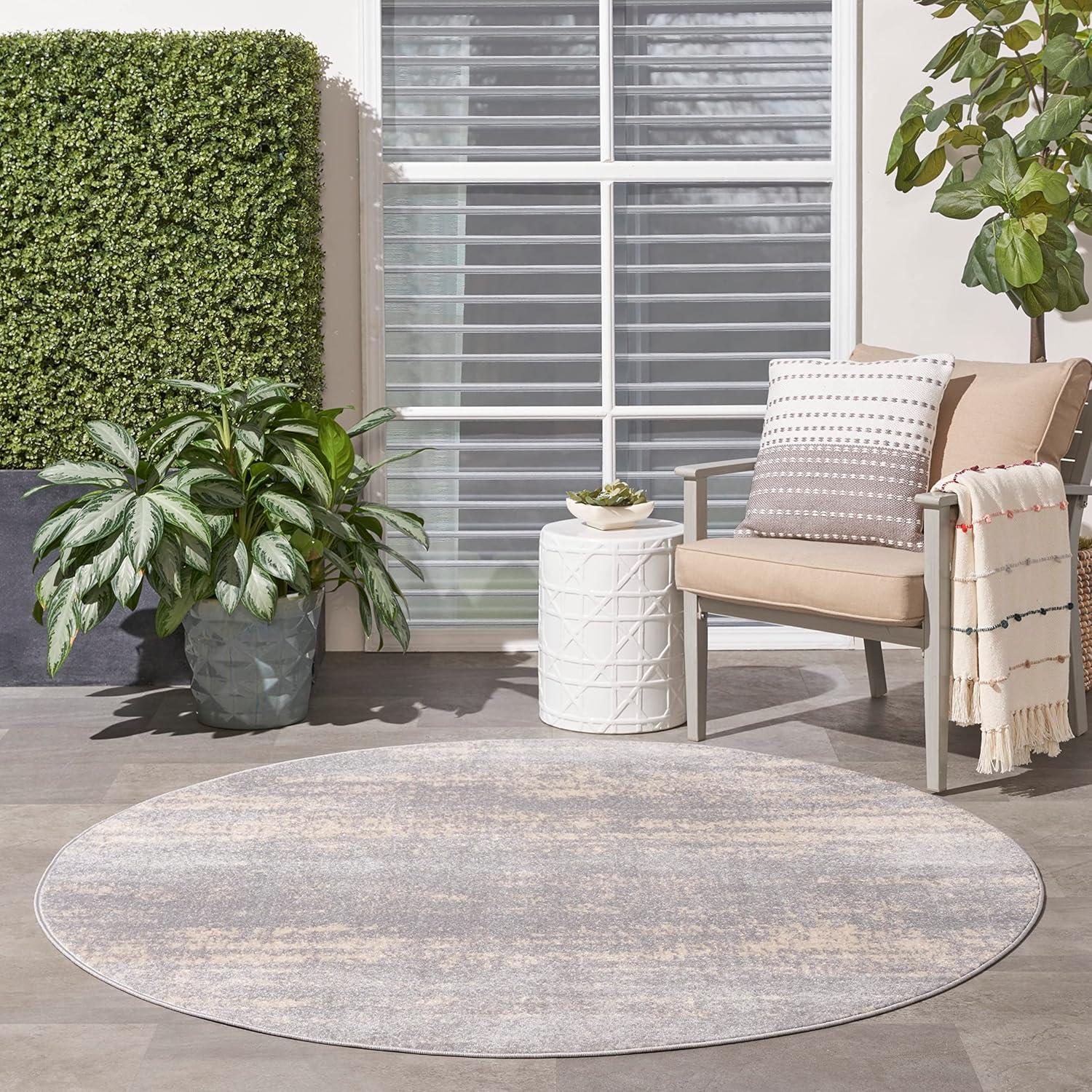 Modern Abstract Grey/Beige Round 8' Synthetic Outdoor Rug