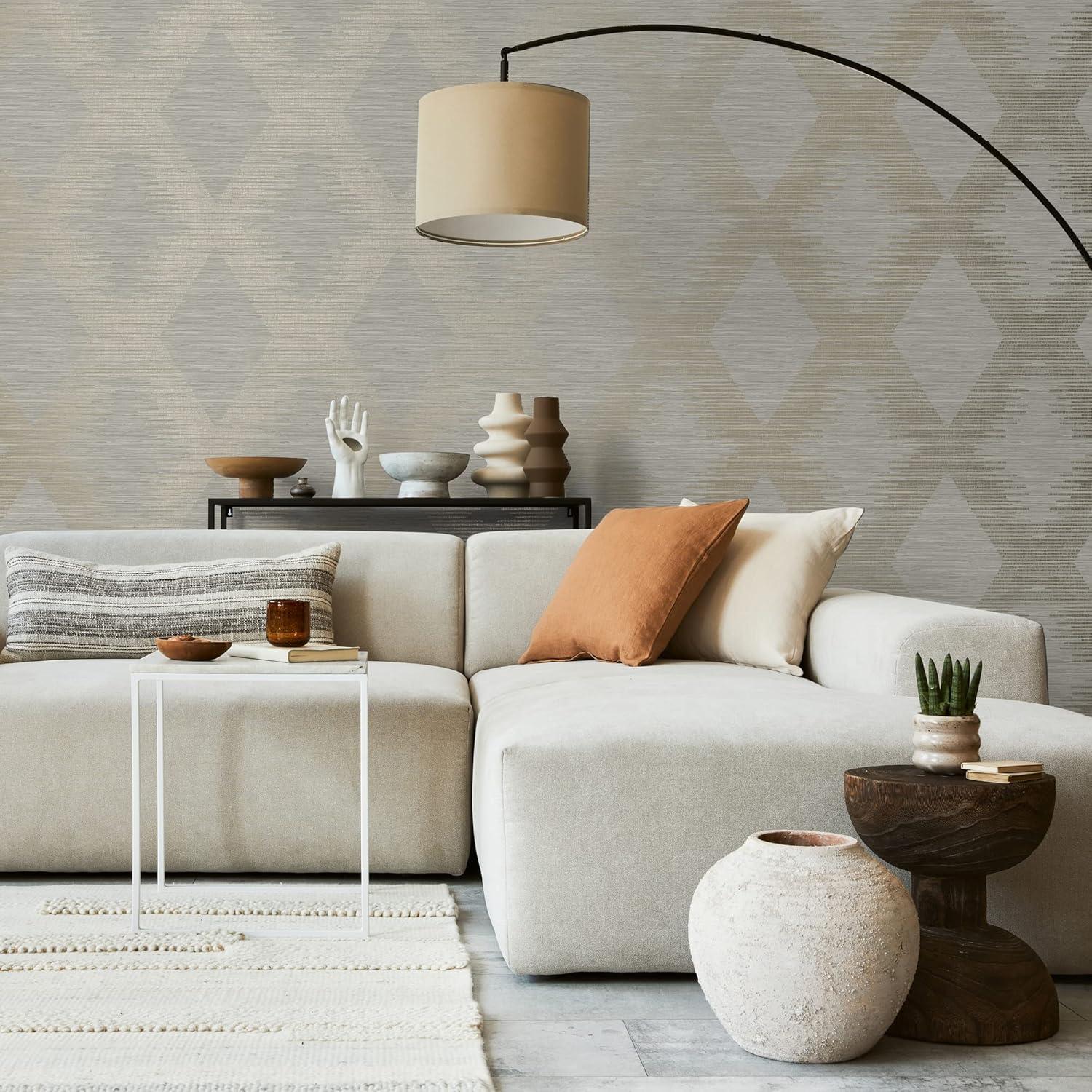 Neutral and Gold Geometric Grasscloth Wallpaper