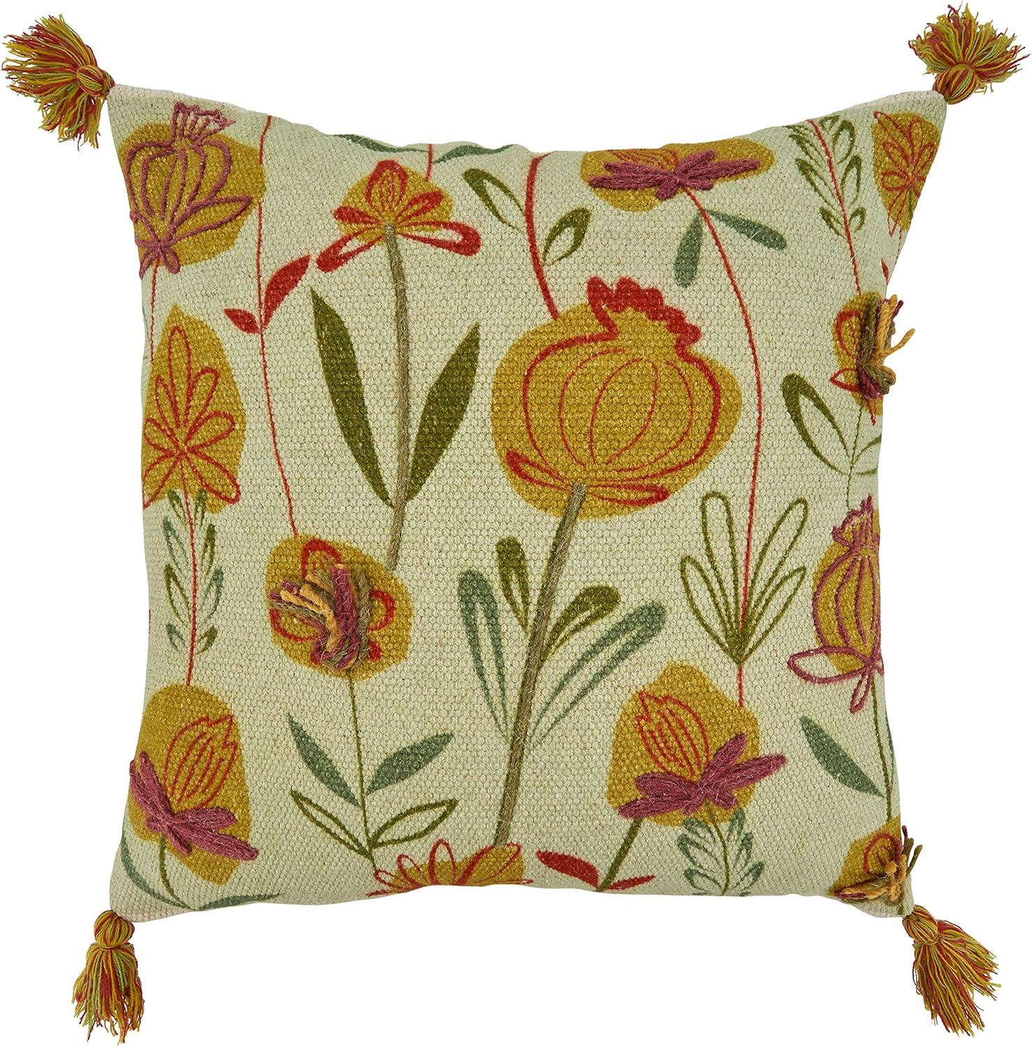 Green Cotton Embroidered Floral Throw Pillow Cover