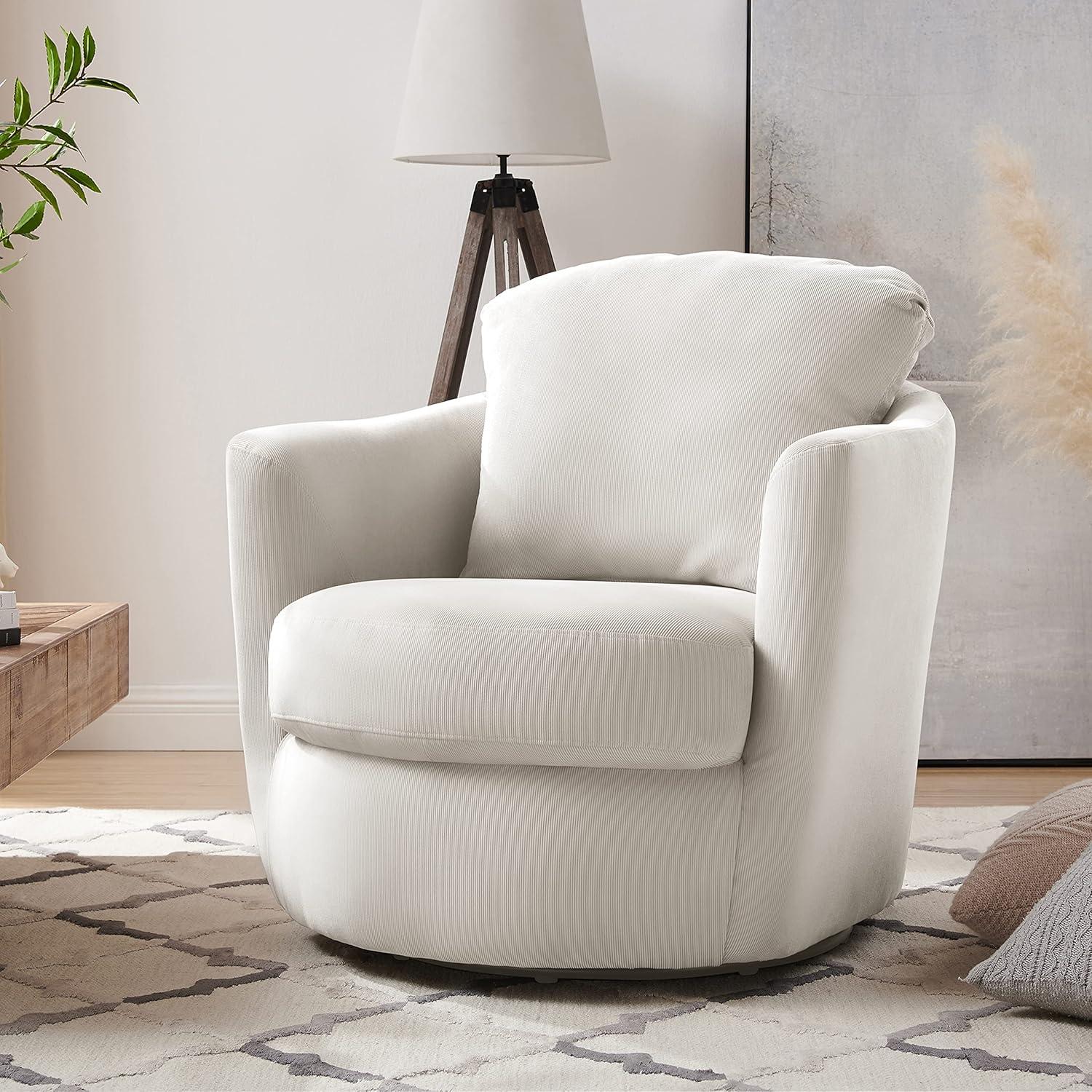 Ivory Corduroy Swivel Barrel Accent Chair with Metal Base