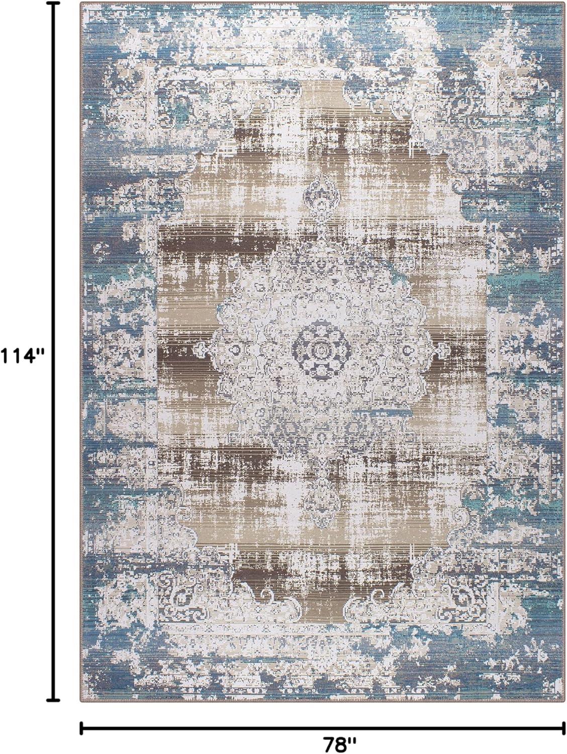 GLN Rugs Agean- Machine Washable Area Rug - 6'6"x9'6" Turkish Vintage Rug Blue