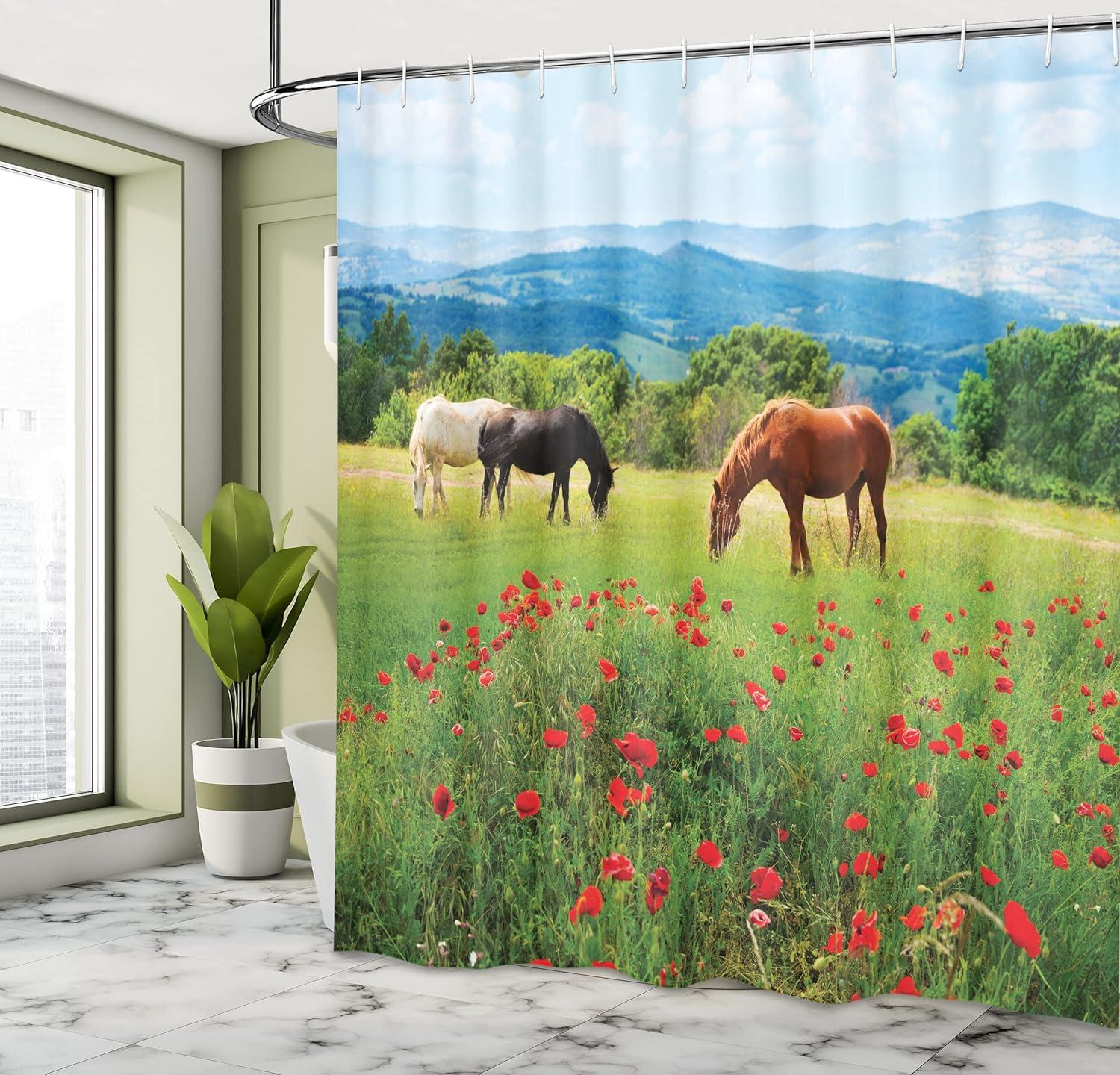 Ambesonne Horse Shower Curtain, Landscape Rural Scene, 69"Wx84"L, Multicolor