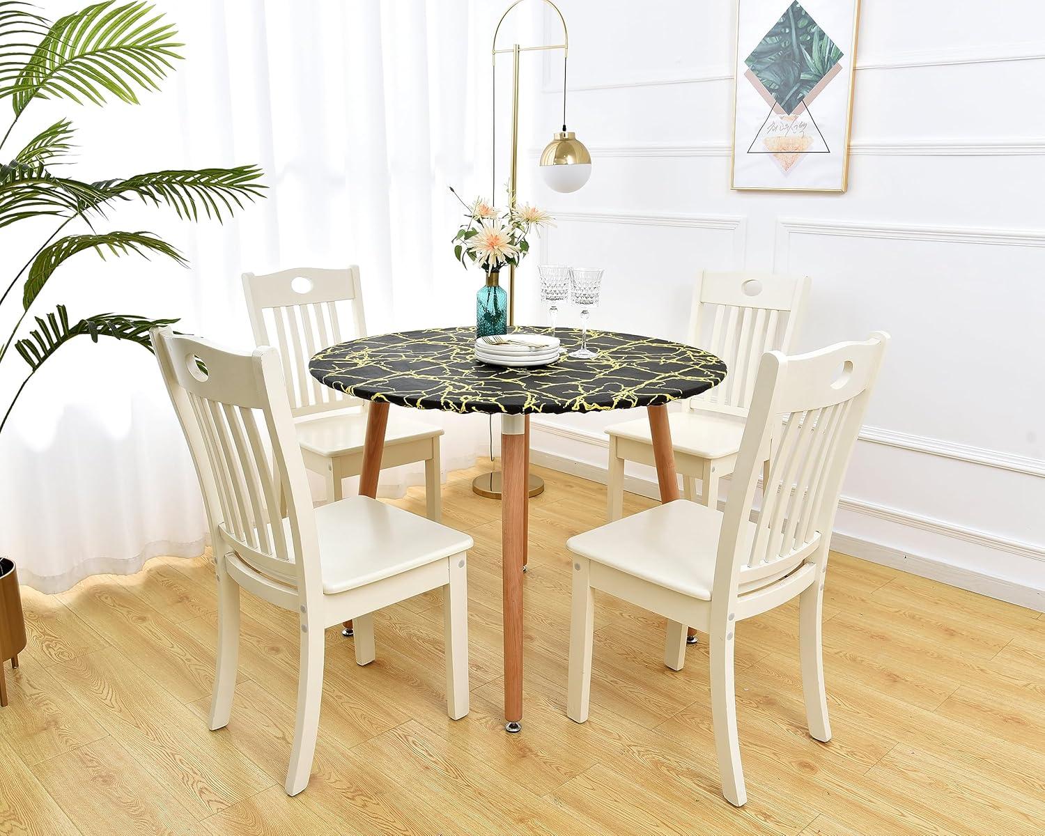 Rally Home Goods Indoor Outdoor Patio Round Fitted Vinyl Tablecloth, Flannel Backing, Elastic Edge, Waterproof Wipeable Plastic Cover, Beige Marble Pattern for 5-Seat Table of 36-42’’ Diameter