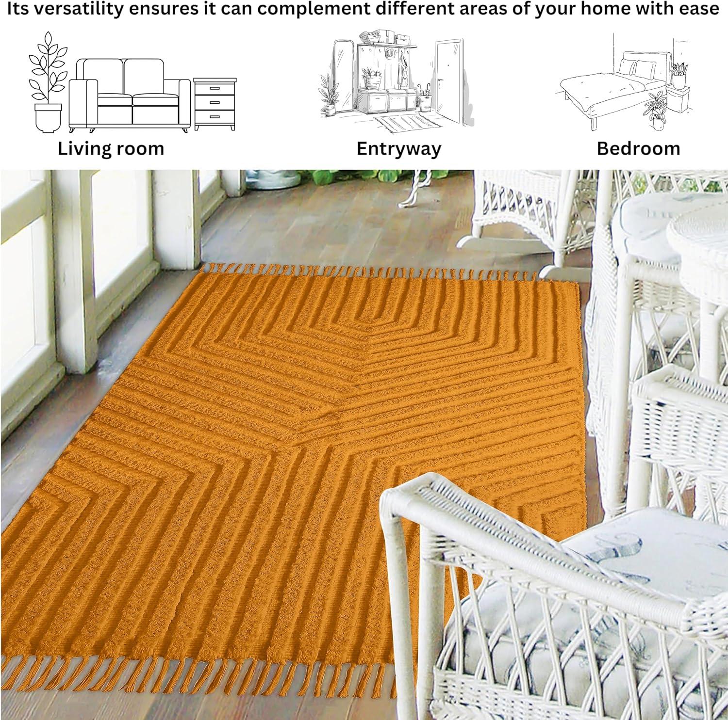 Boho Rugs for Living Room 4x6, Farmhouse Cotton Area Rug for Bedroom, Washable Tufted Indoor Floor Carpet for Kitchen Dorm Office Dining Room Office H