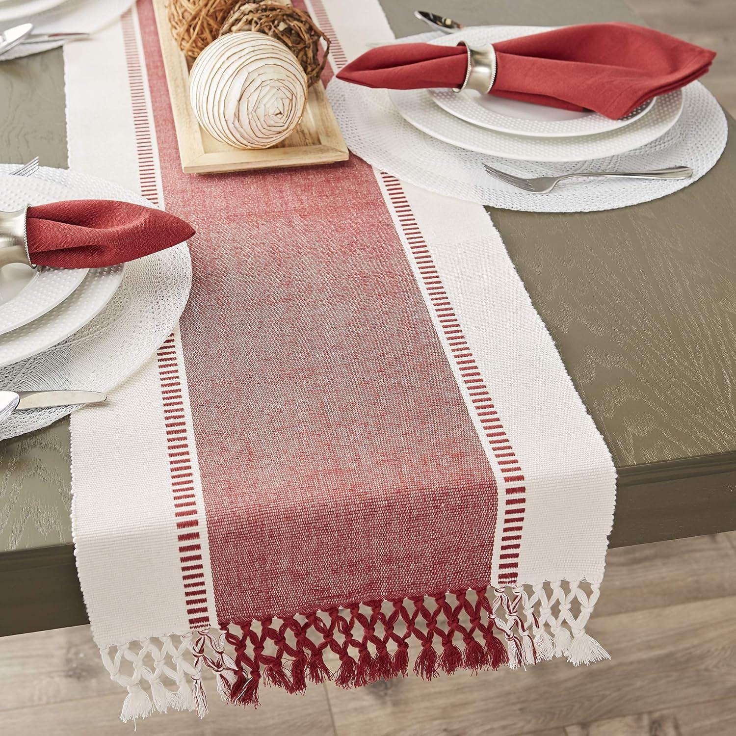 DII Dobby Stripe Woven Table Runner, 13x72 (13x77.5, Fringe Included), Barn Red