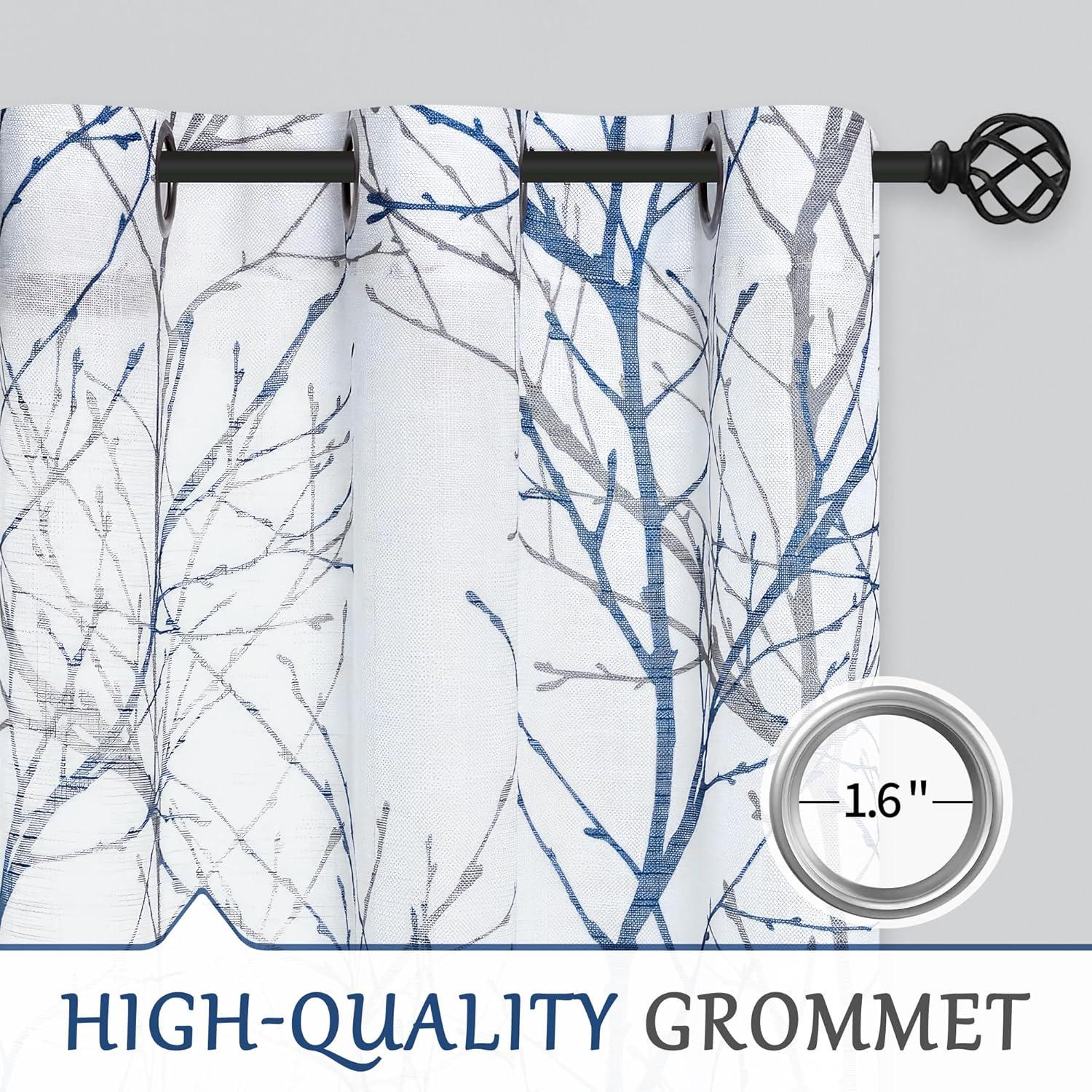 Gray and Blue Tree Branch Sheer Grommet Curtain Panels