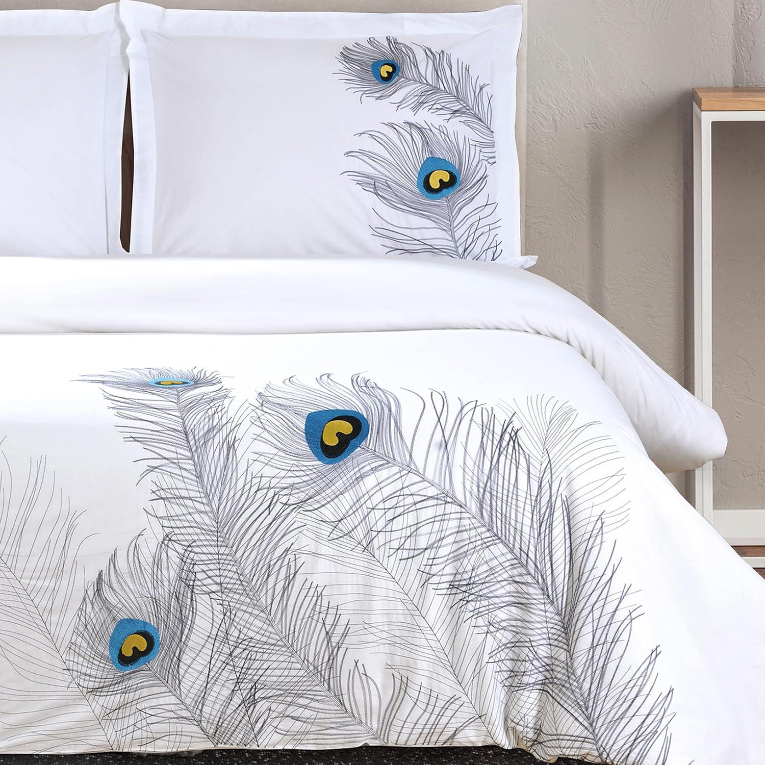 Silver Embroidered Peacock Cotton King/California King Duvet Cover Set