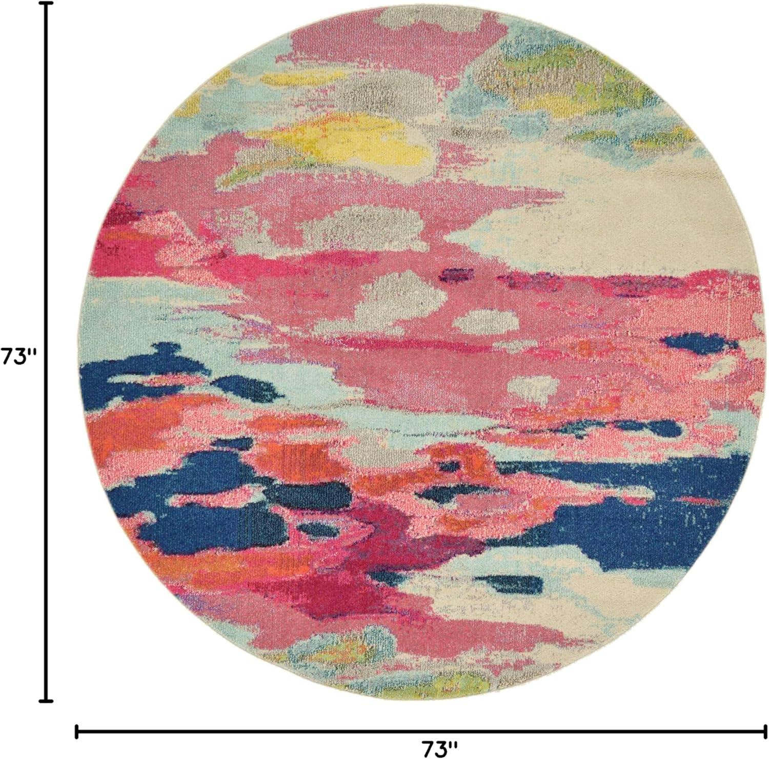 Vibrant Abstract Round Synthetic Rug in Pink & Blue, 6ft