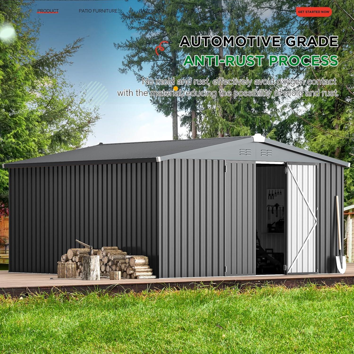 AECOJOY 12' x 12' Outdoor Storage Shed with Lockable Door Patio Metal Garden Storage Building in Dark Gray for Outside