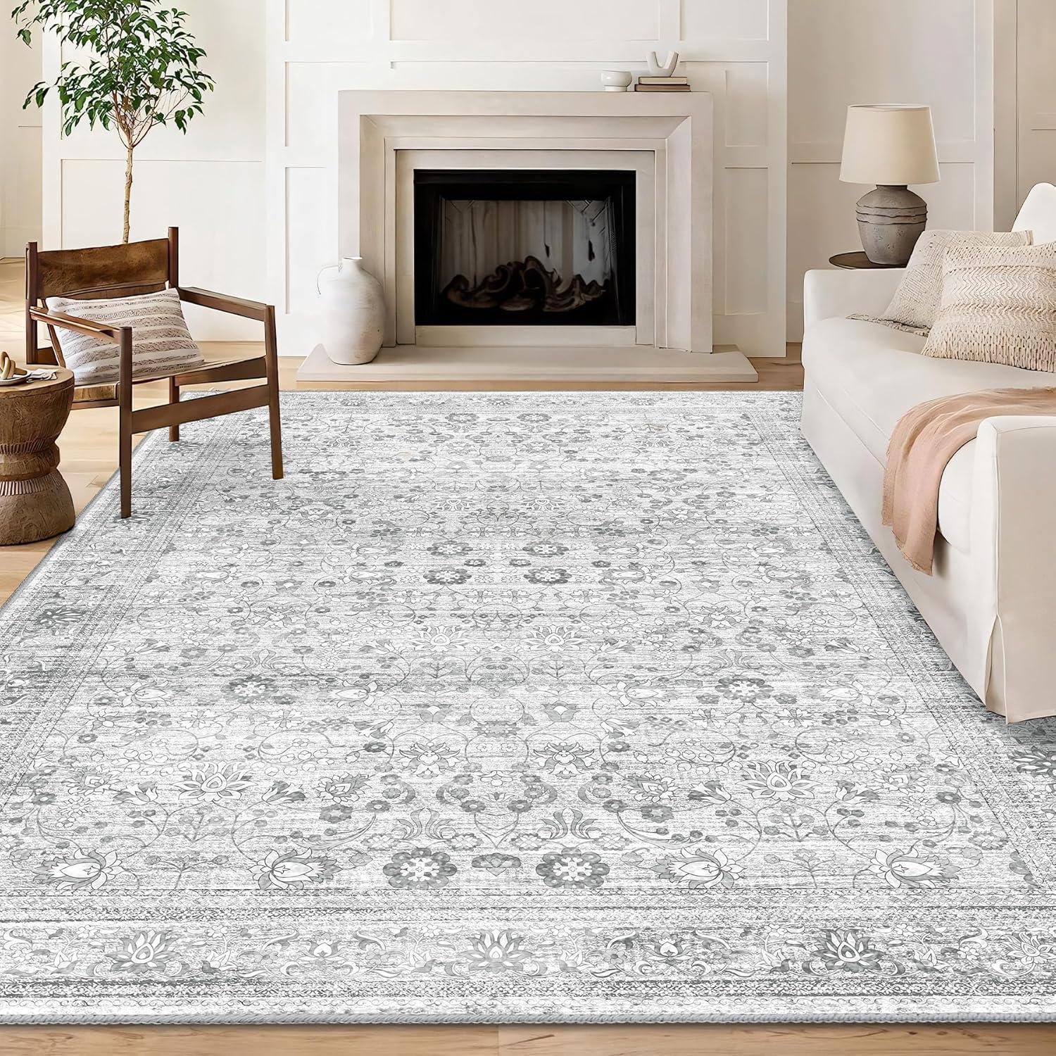 Haperlare Washable Living Room Rug Ultra Soft Rug Machine Washable Accent Rug Stain Resistant Ultra Thin Distressed Mats for Bedroom Living Room, 5' x 7' Gray