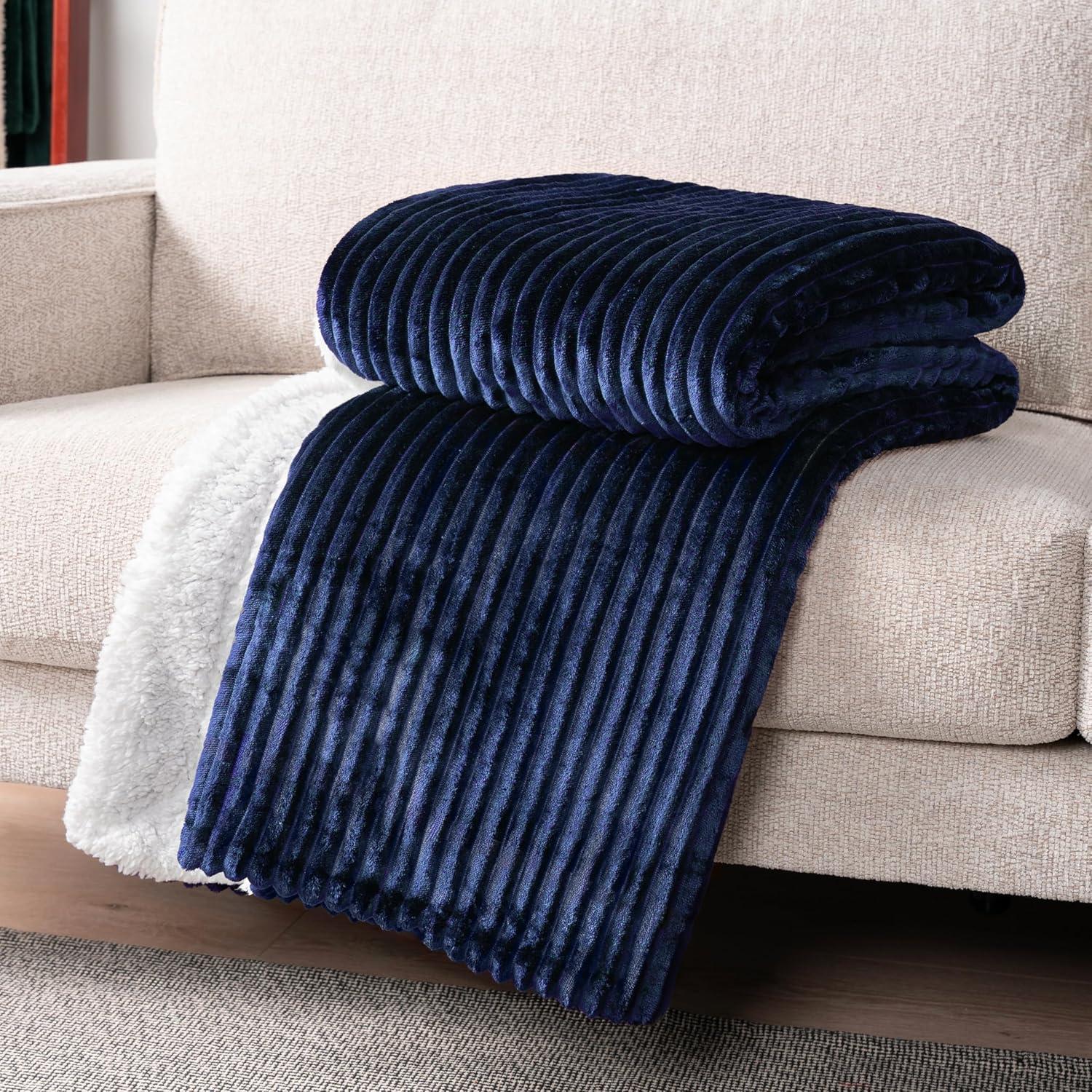 PAVILIA Soft Thick Fleece Flannel Ribbed Striped Throw Blanket, Luxury Fuzzy Plush Warm Cozy for Sofa Couch Bed