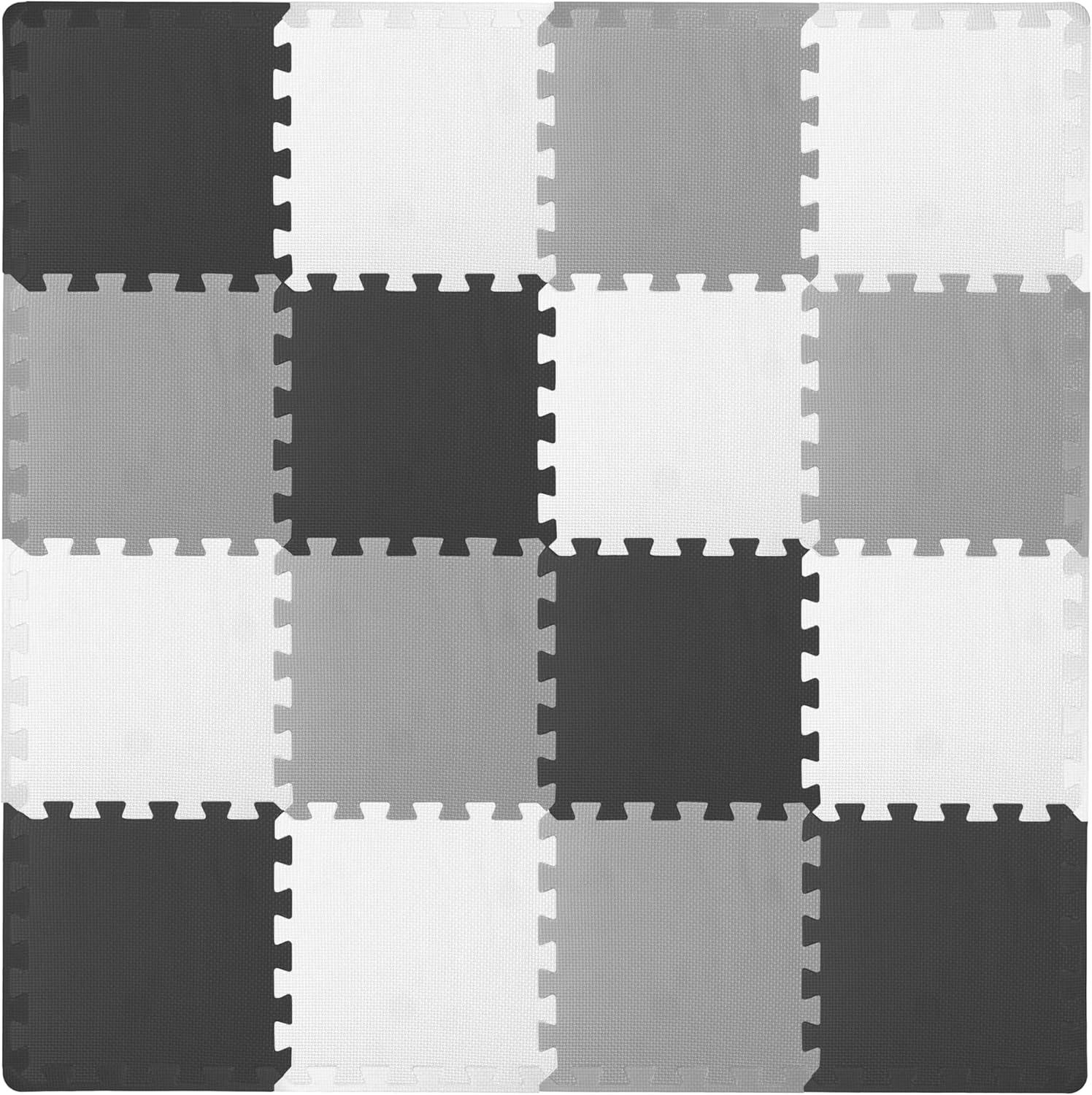 Prosource Kids Solid Floor Play Mat 3/8-in, 16 Sq Ft - 16 Tiles, Black/Grey/White