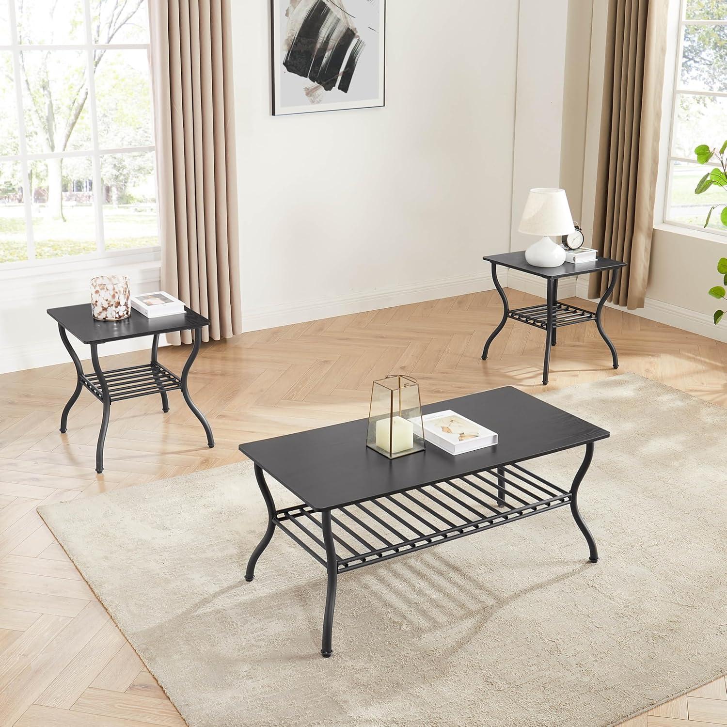 Tcbosik 3 Pieces Living Room Table Set, 40" Rectangle Coffee Table with 2 Square Side Table, Coffee Table Set with Open Shelf for Home Office, Black