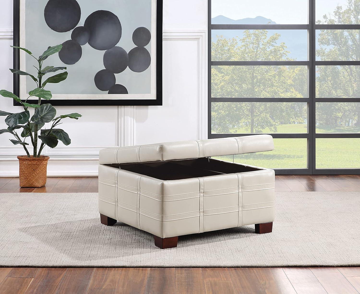 Detour Strap Square Storage Ottoman in Cream Faux Leather