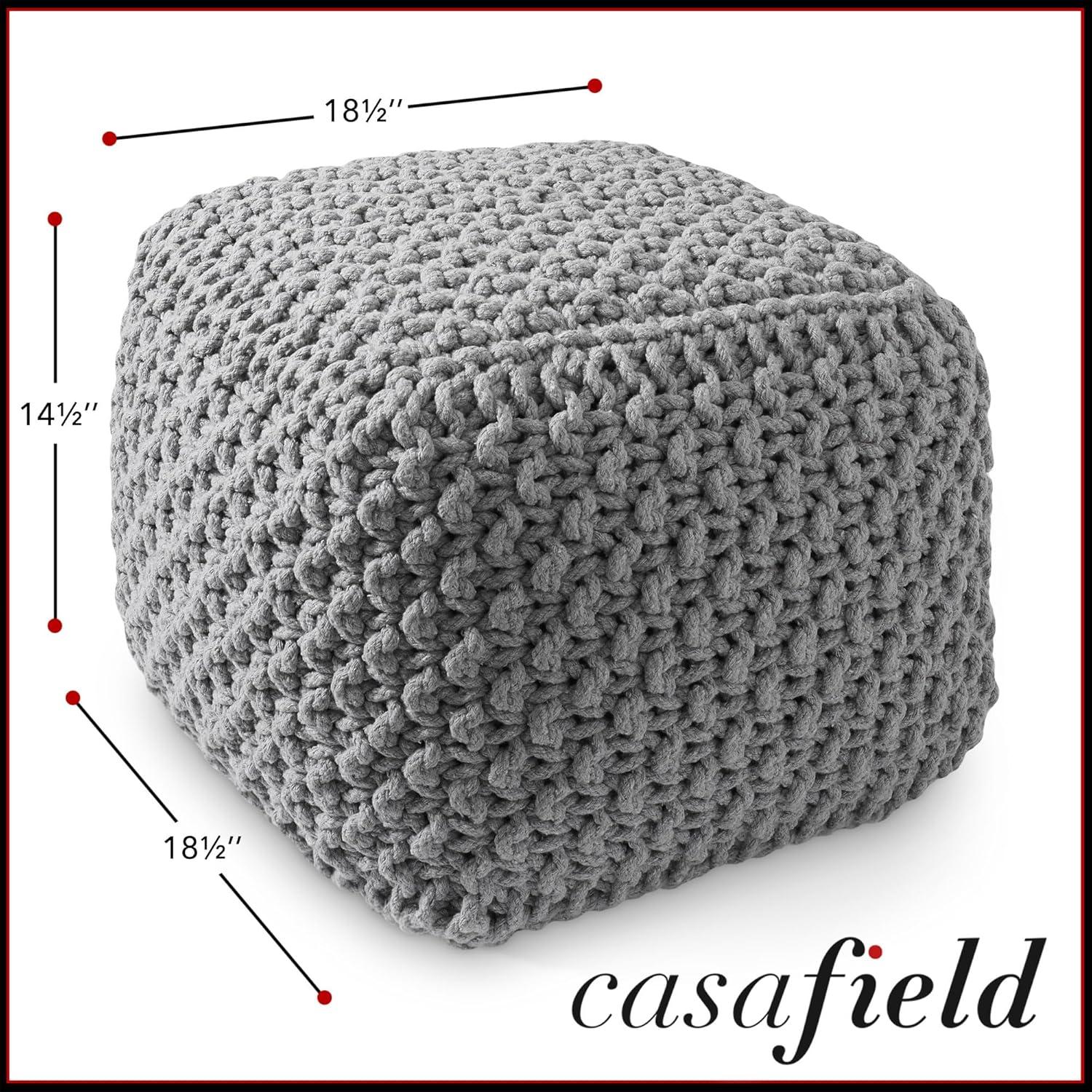 Casafield Square Pouf Ottoman, Light Gray - 18.5" W x 18.5" D x 14.5" H Cotton Knit Foot Stool - Boho Floor Pouffe for Living Room