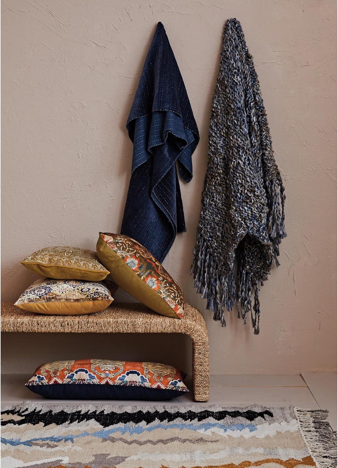 Navy Blue Cotton Velvet Throw Blanket with Kantha Stitch