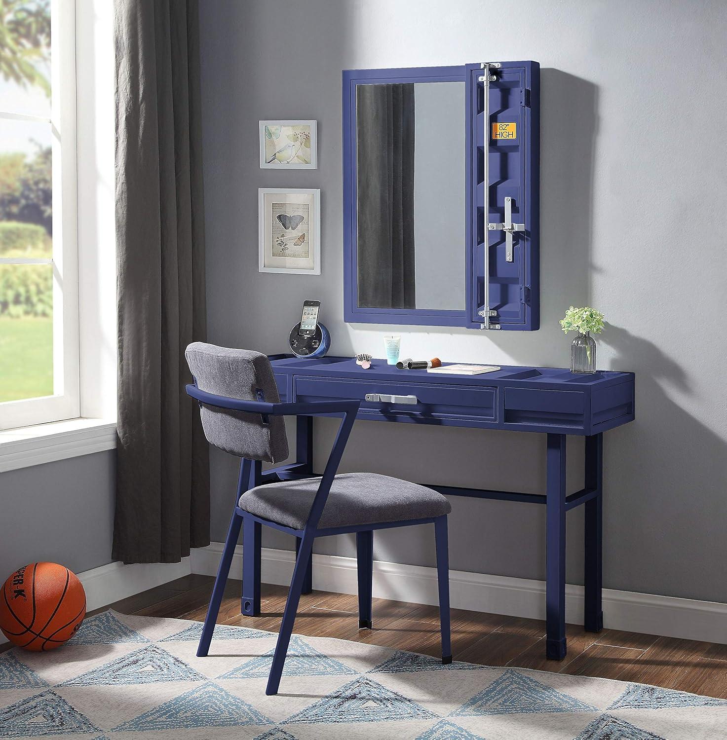 Cargo Vanity Table Blue with Drawer - Acme Furniture: Dressing Table, Metal Frame