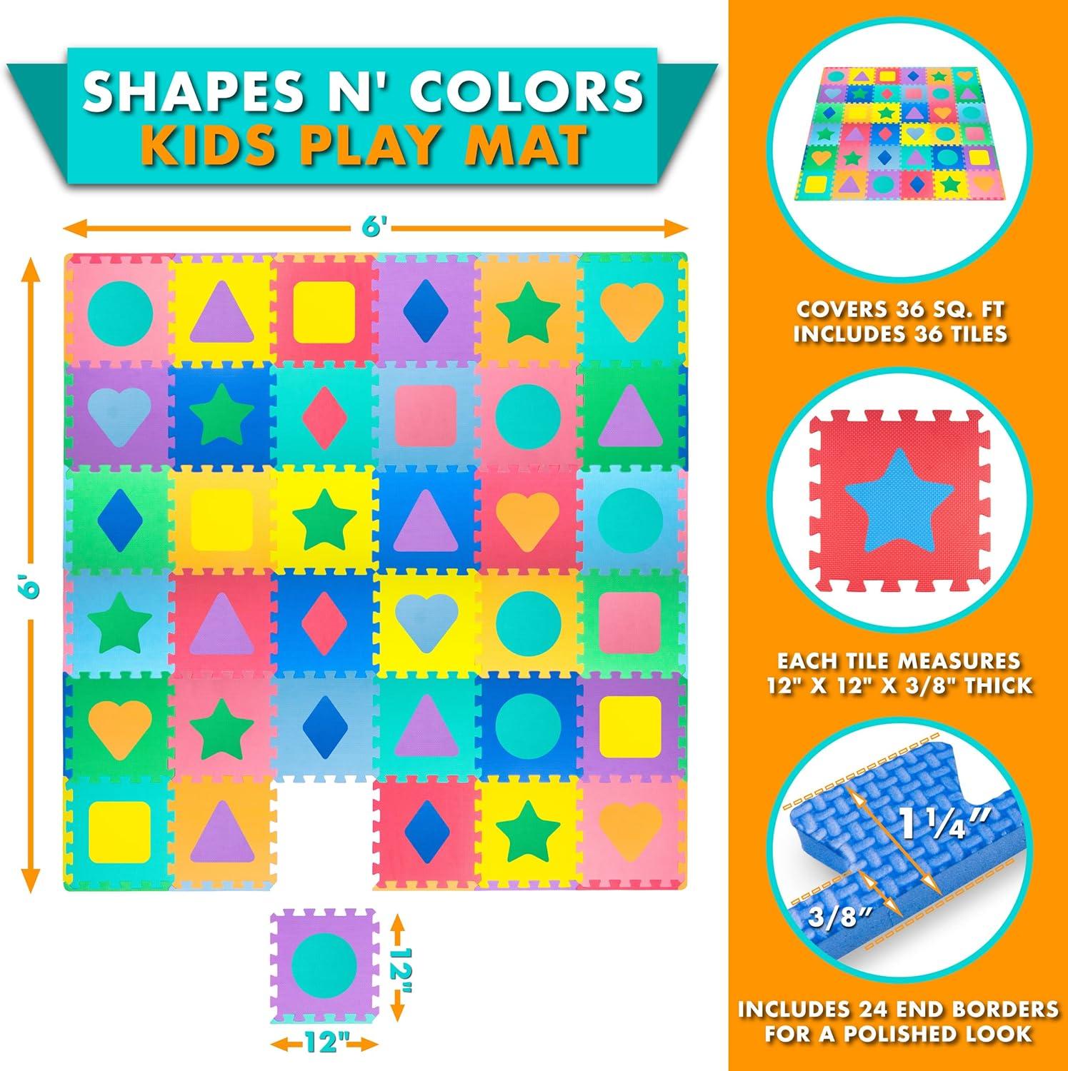 Prosource Kids Shapes and Colors Floor Play Mat 3/8-in, 36 Sq Ft - 36 Tiles