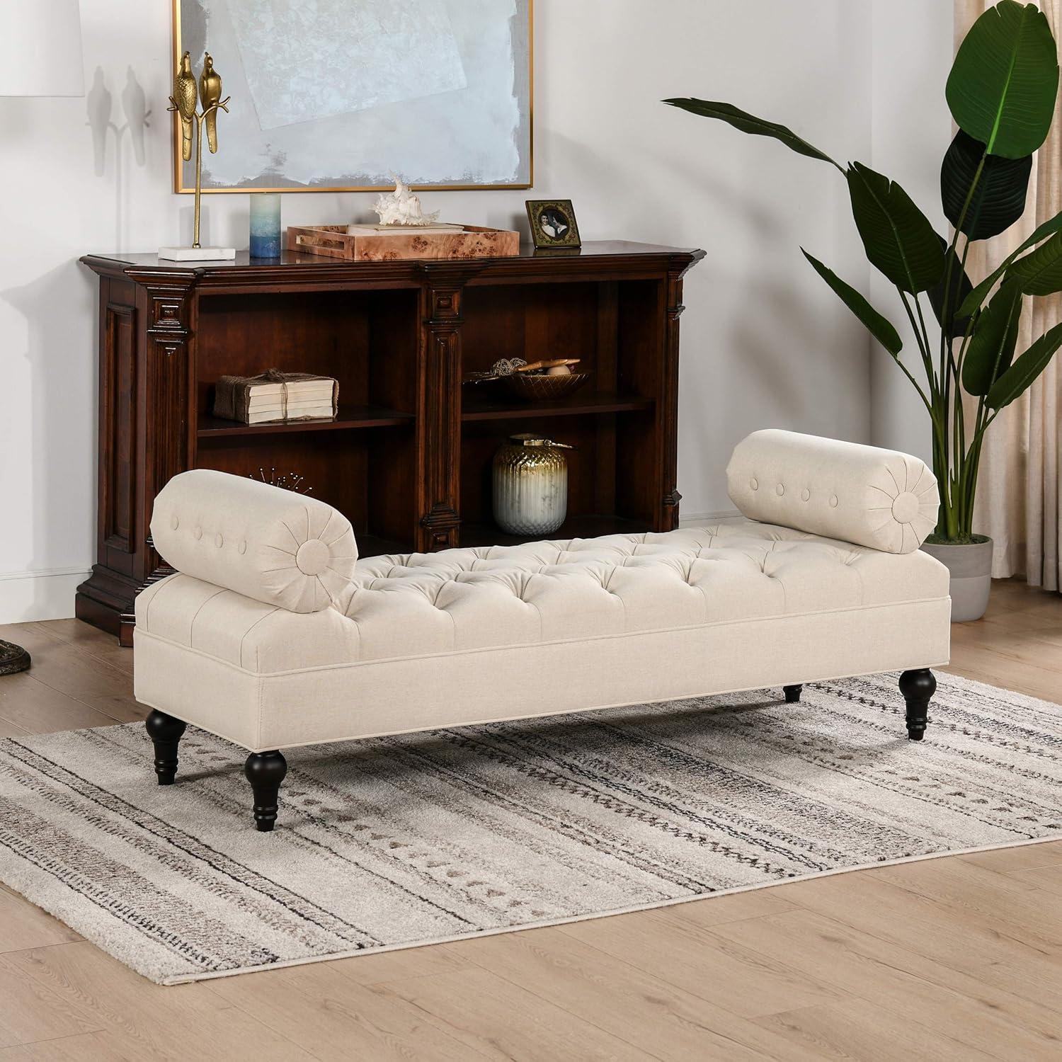 Lewis Glam Traditional Sky Neutral Tufted Bench with Bolster Pillows