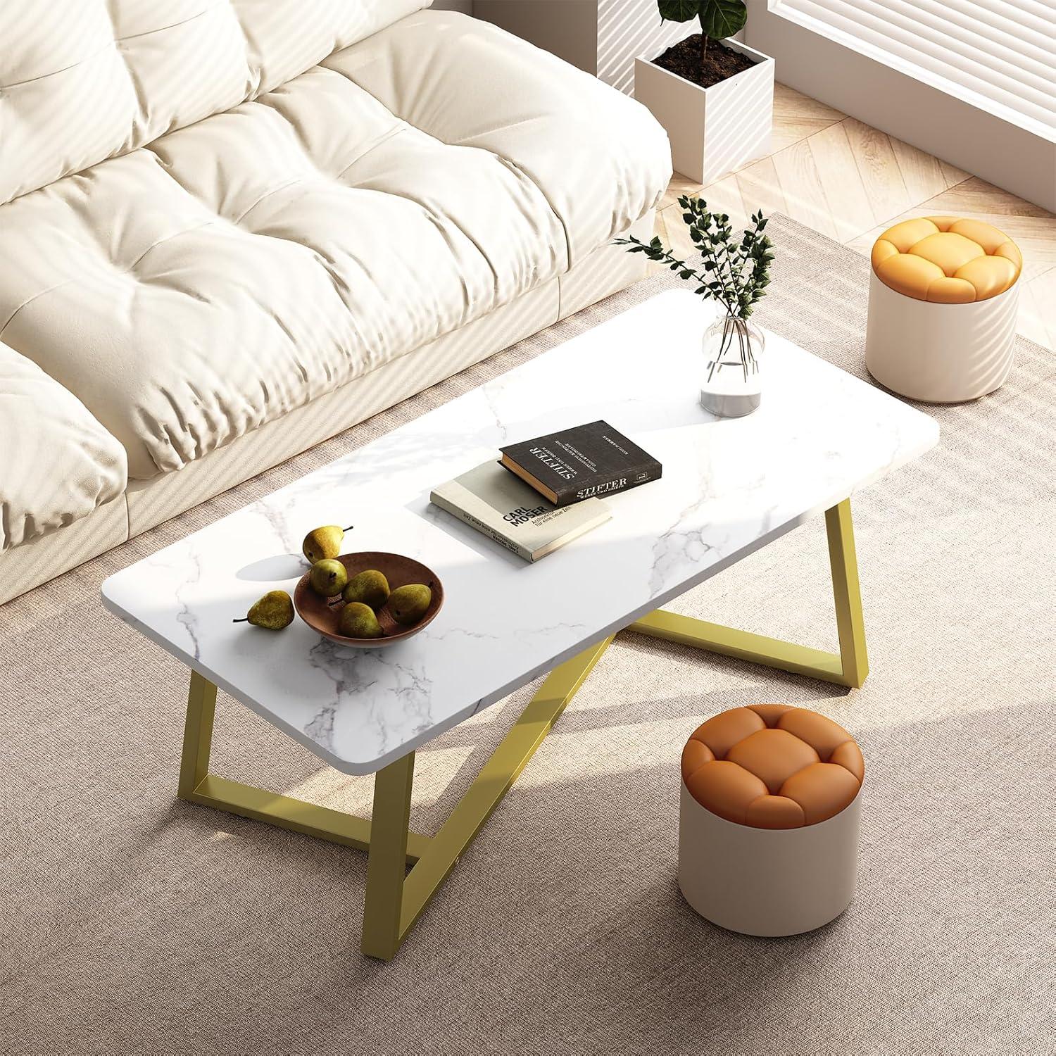 White Faux Marble Rectangular Coffee Table with Gold Metal Legs