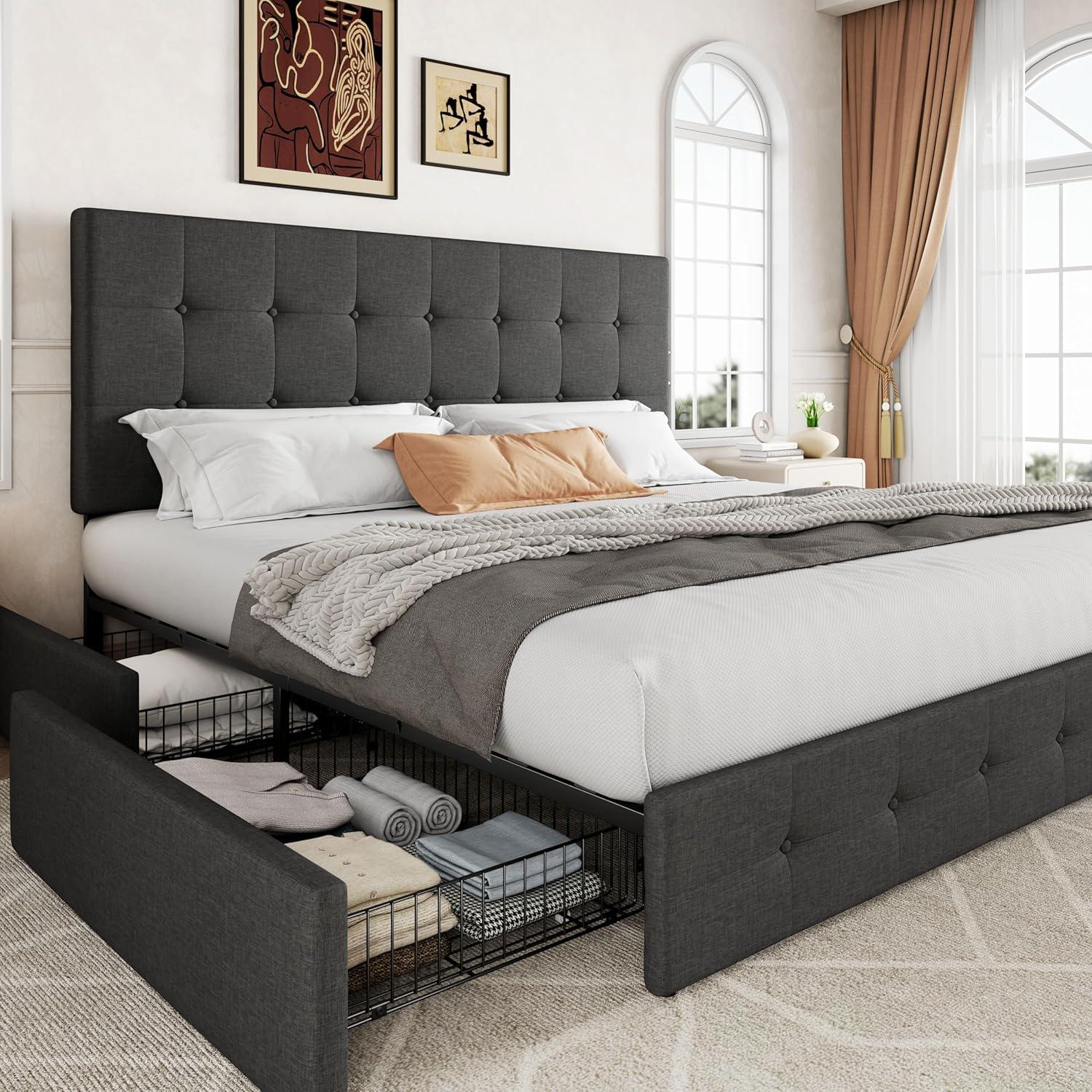 Allewie Upholstered King Size Platform Bed Frame with 4 Storage Drawers and Headboard, Square Stitched Button Tufted, Mattress Foundation with Wooden Slats Support, No Box Spring Needed, Dark Grey