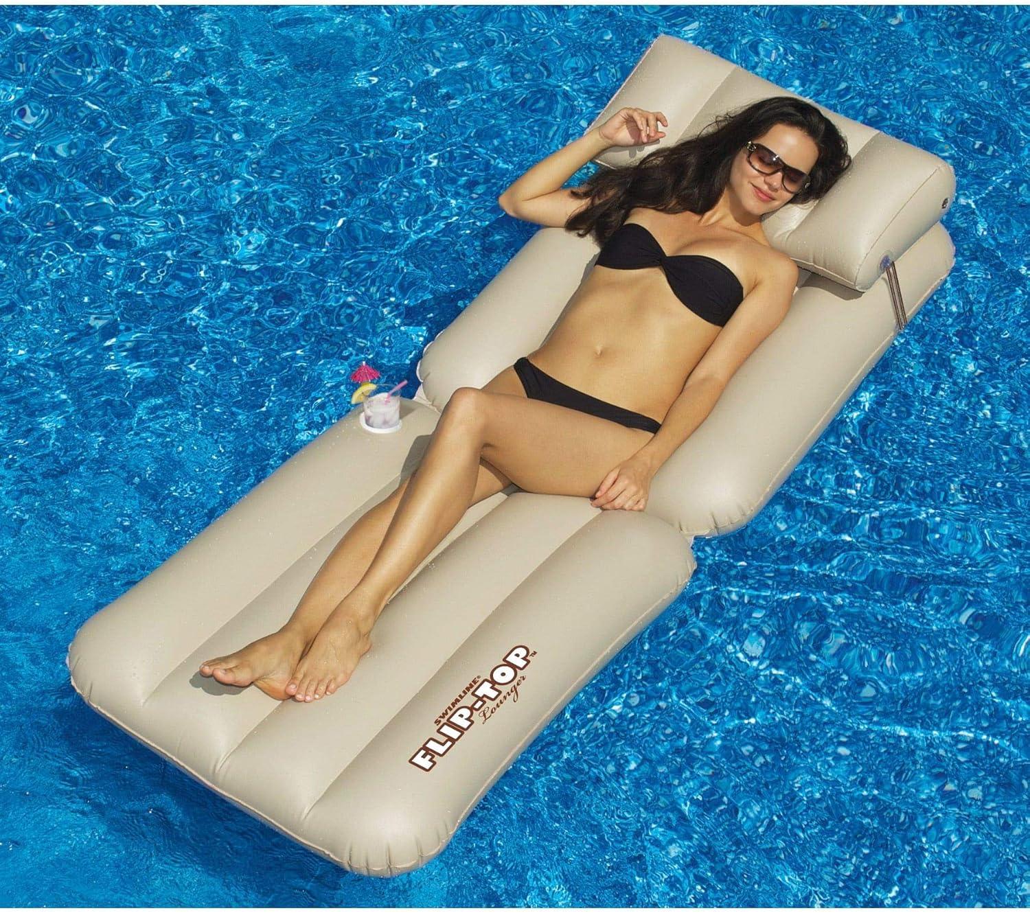 Swimline 88" Adjustable Flip-Top Inflatable Swimming Pool Lounger Raft - Beige