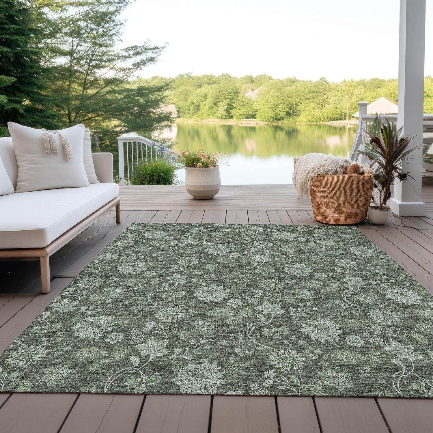 Olive Floral Pattern Indoor Outdoor Area Rug 2'6" x 3'10"