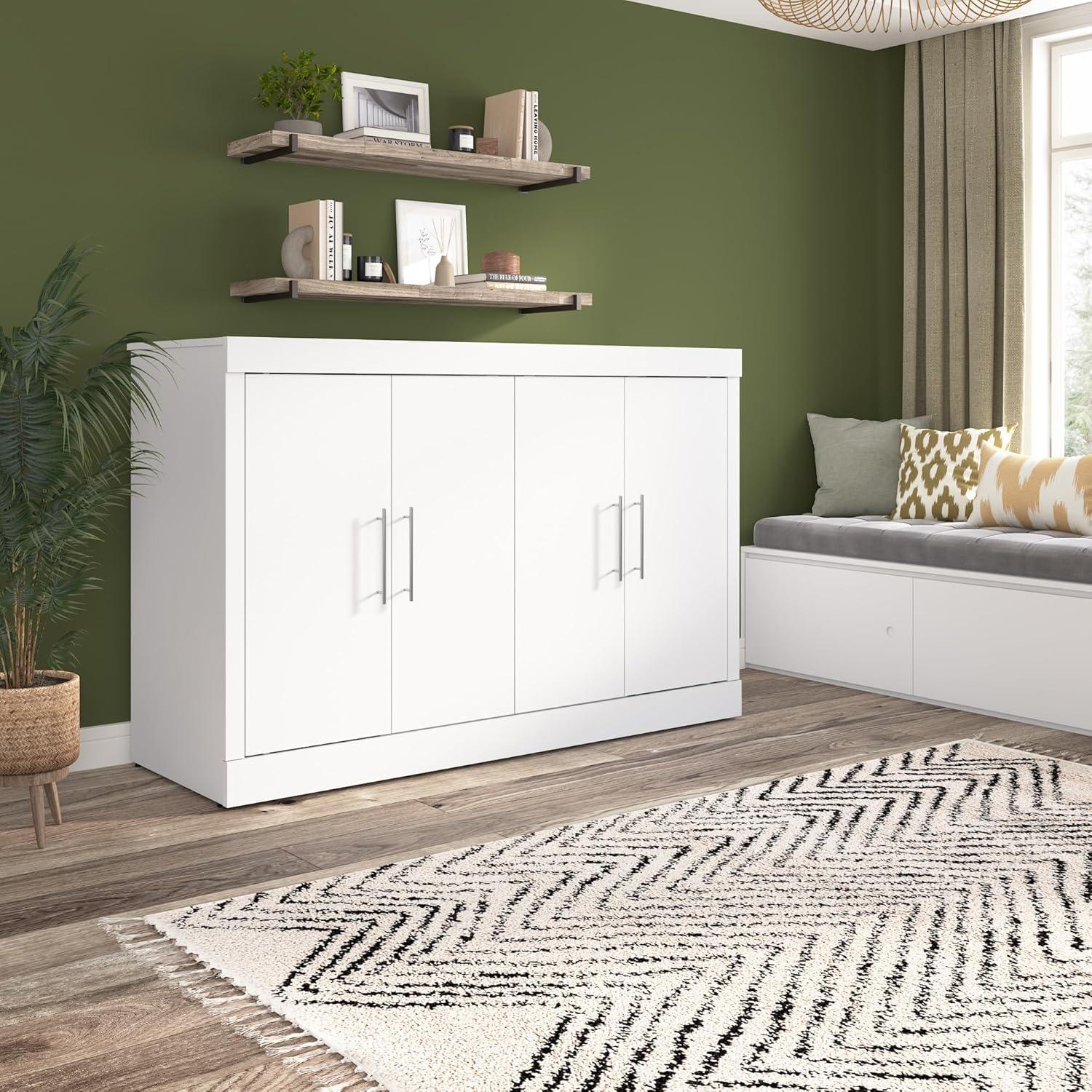Bestar Nebula 69W Full Size Murphy Cabinet Bed with Mattress in White, 69-inch Space-Saving Sleeping Arrangement for Multipurpose Guest Room or Home Office
