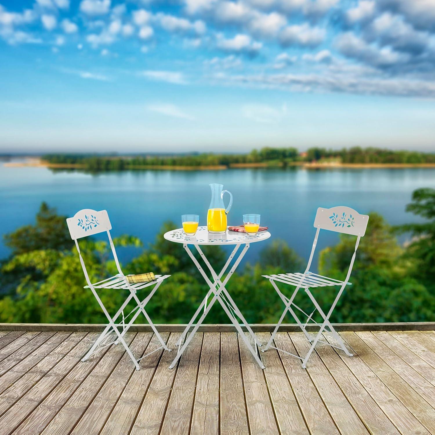 Alpine Corporation 3-Piece Metal Floral Patio Bistro Set with Table and 2 Chairs, White