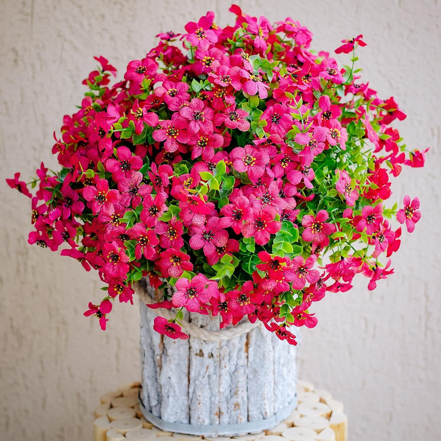 Artificial Flowers for Outdoors Fake Plants - 16 Bundles Faux Outside Greenery Boxwood No Fade Plastic Shrubs Fall Decor Farmhouse Home Garden Thanksgiving Mums (Red)