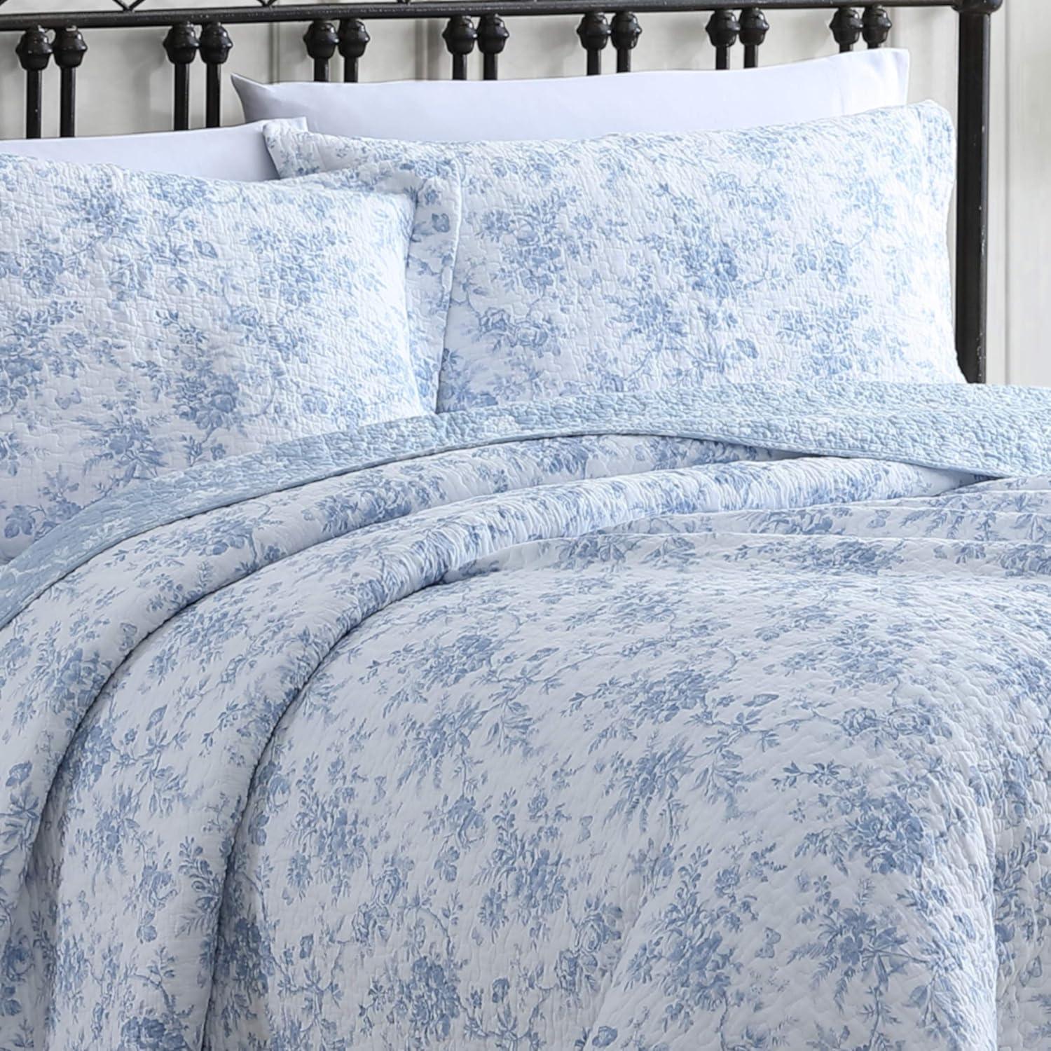 Blue Floral Cotton Reversible Full Quilt Set