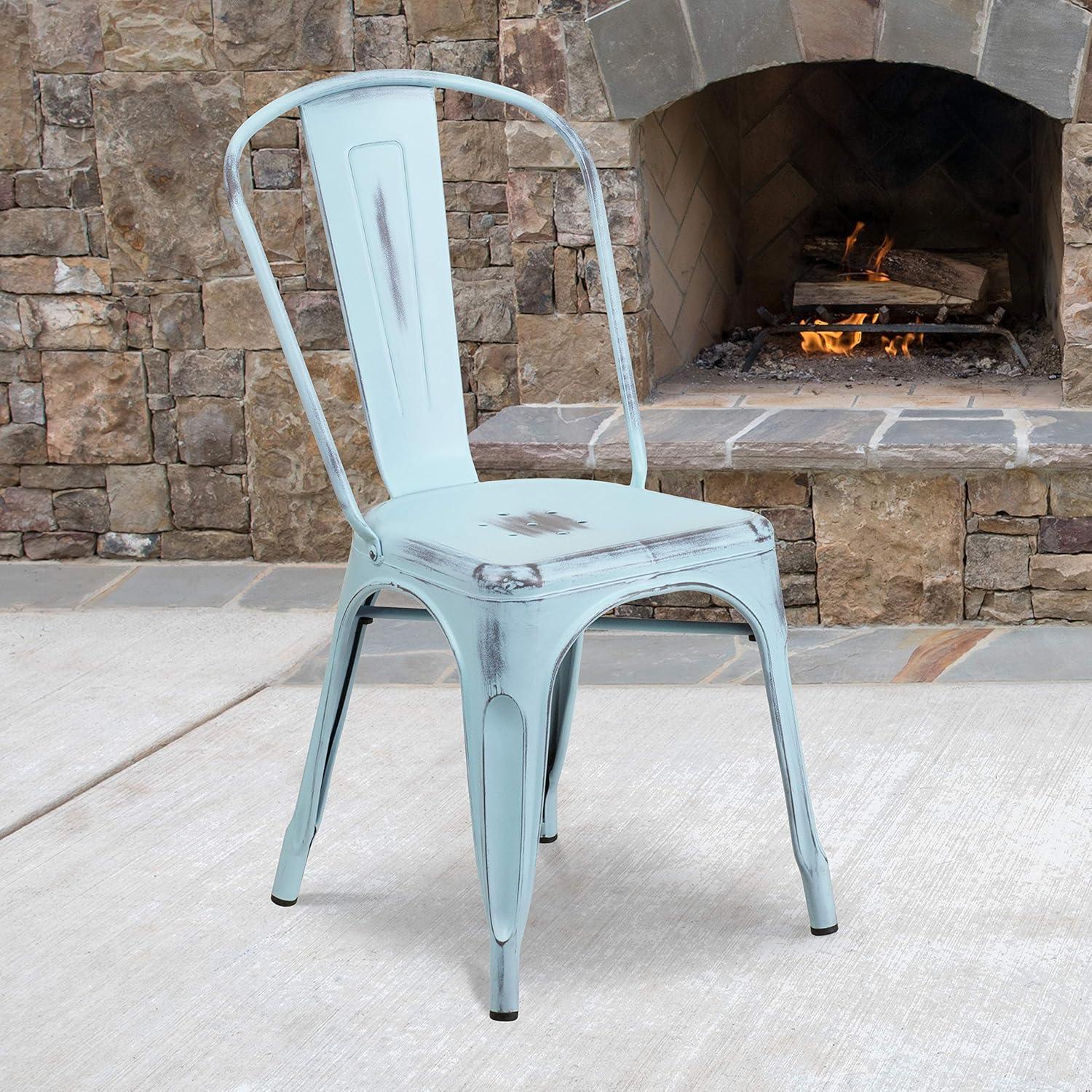 Distressed Green-Blue Metal Stackable Side Chair